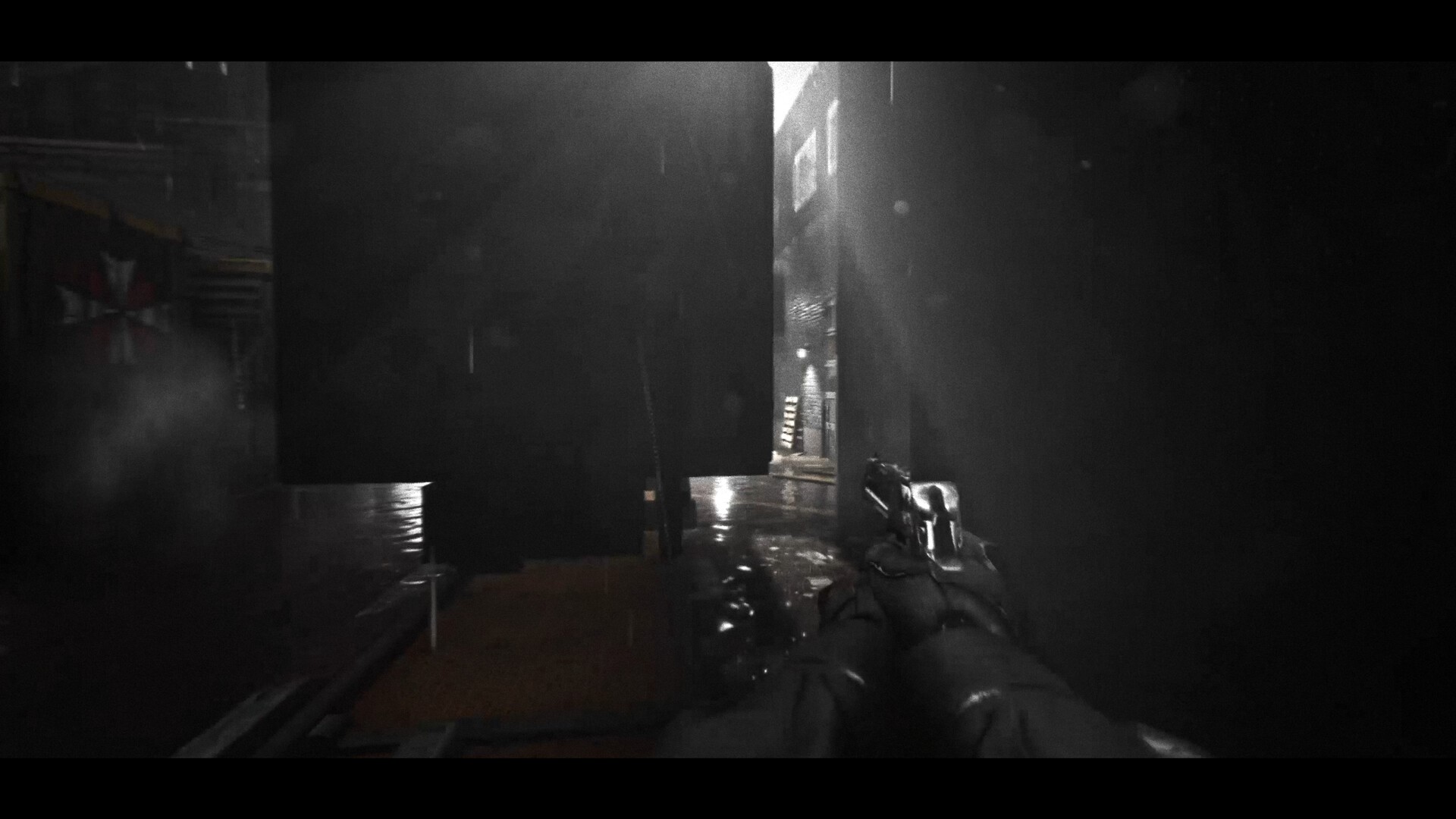First-person view of a dark alley with rain and a gun HD Wallpaper
