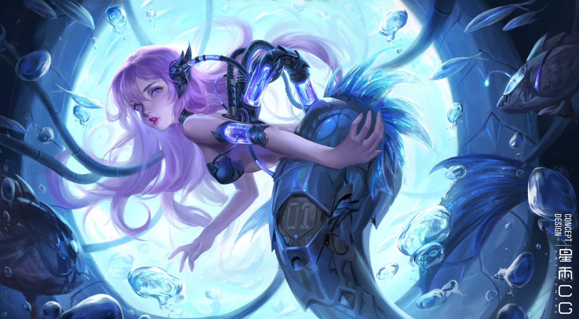 Fantasy girl with purple hair and mechanical tail HD Wallpaper