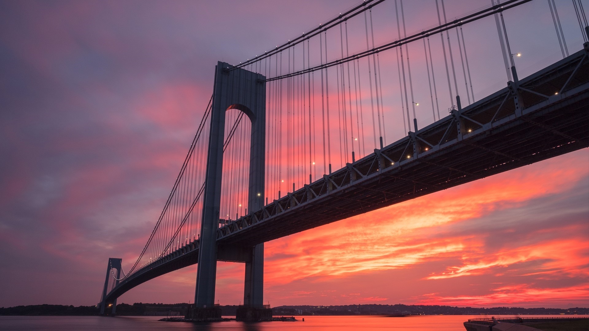 Verrazano-Narrows Bridge at sunset over water HD Wallpaper