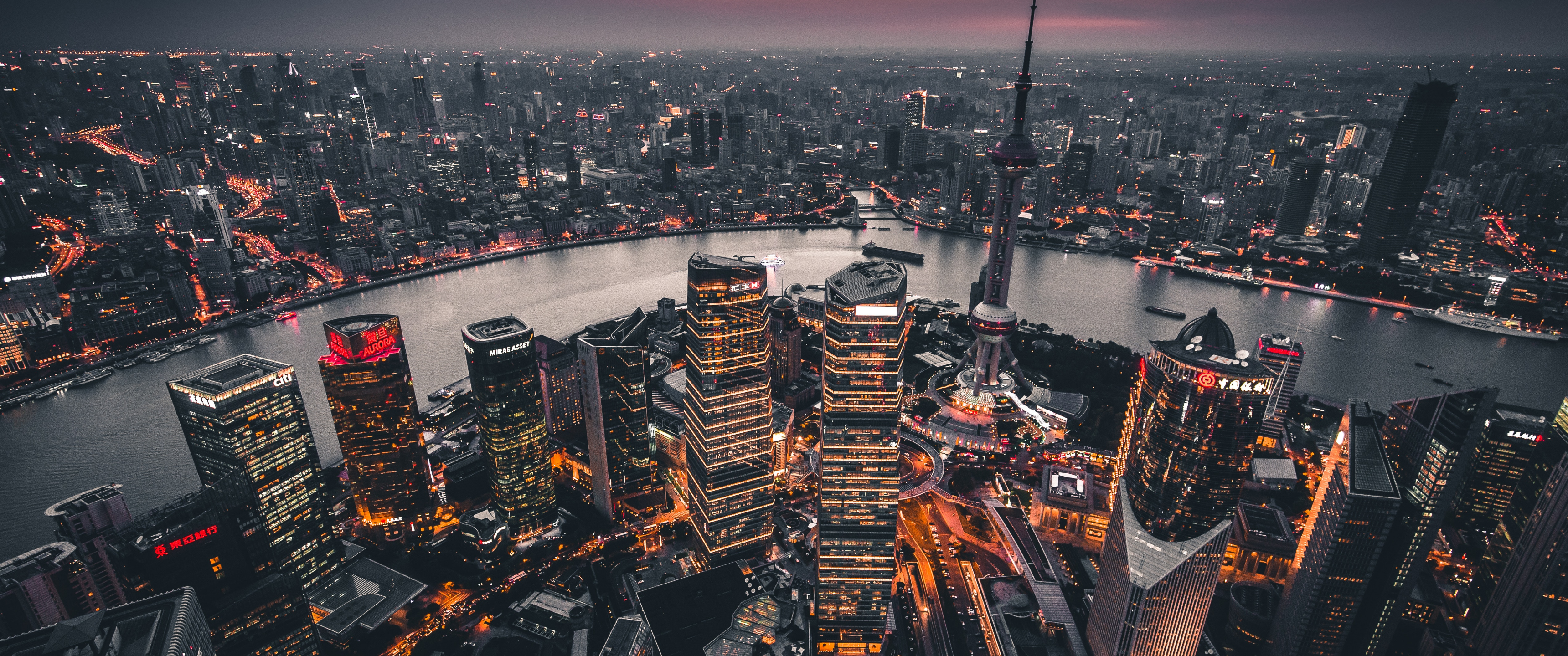 Aerial view of Shanghai cityscape at night HD Wallpaper