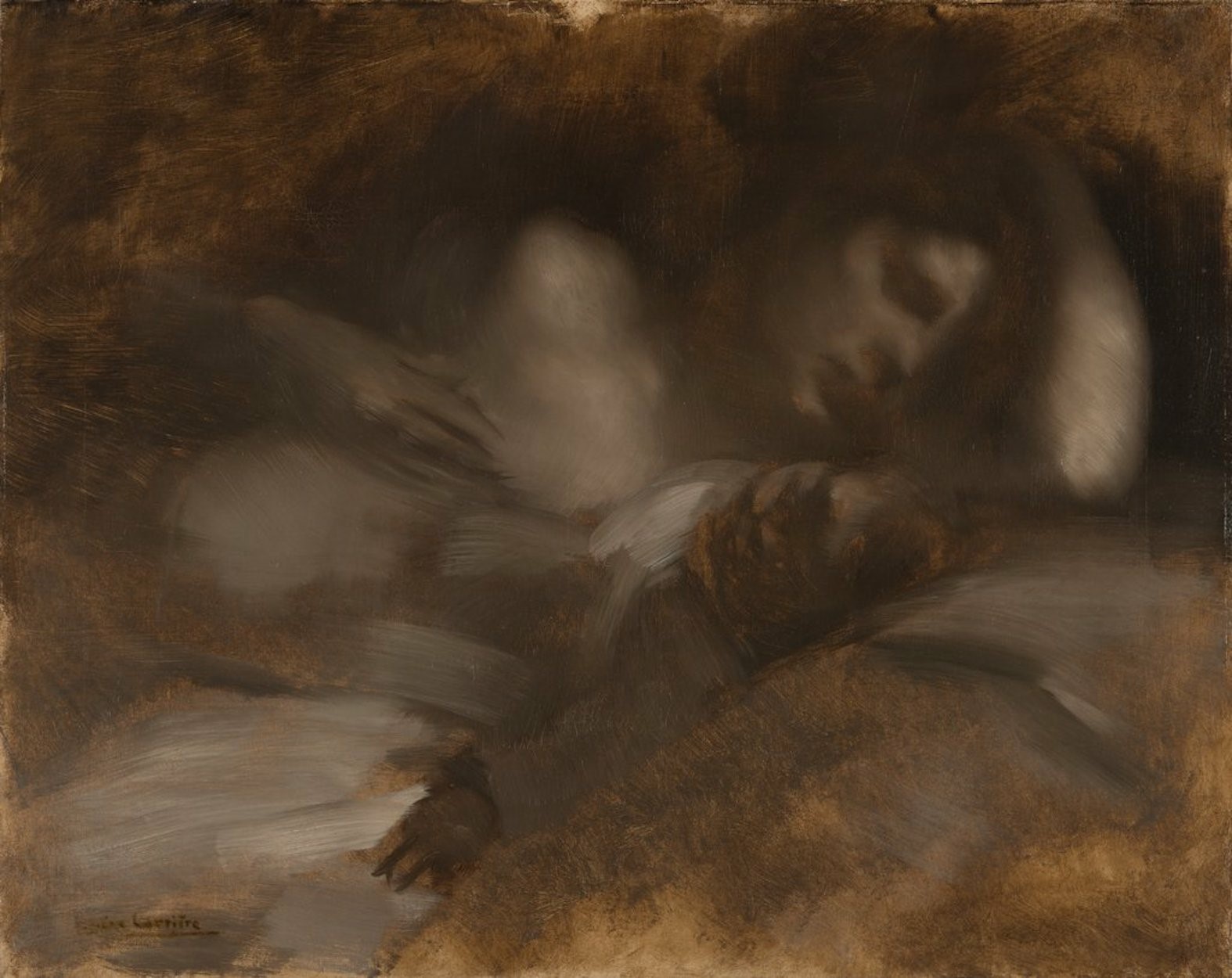 Painting of a woman sleeping in bed by Eugène Carrière HD Wallpaper