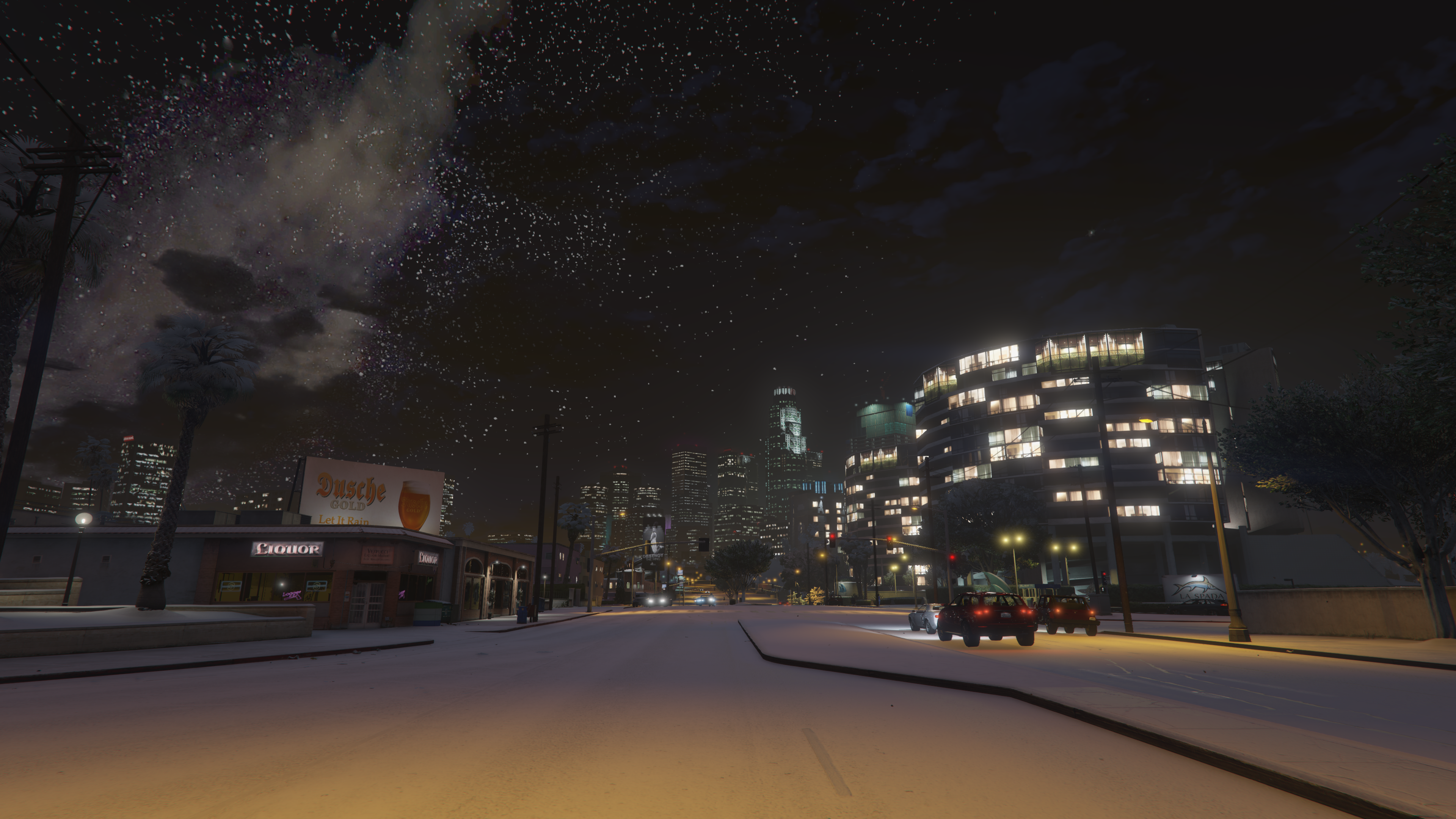 Los Santos street at night with snow and Milky Way HD Wallpaper