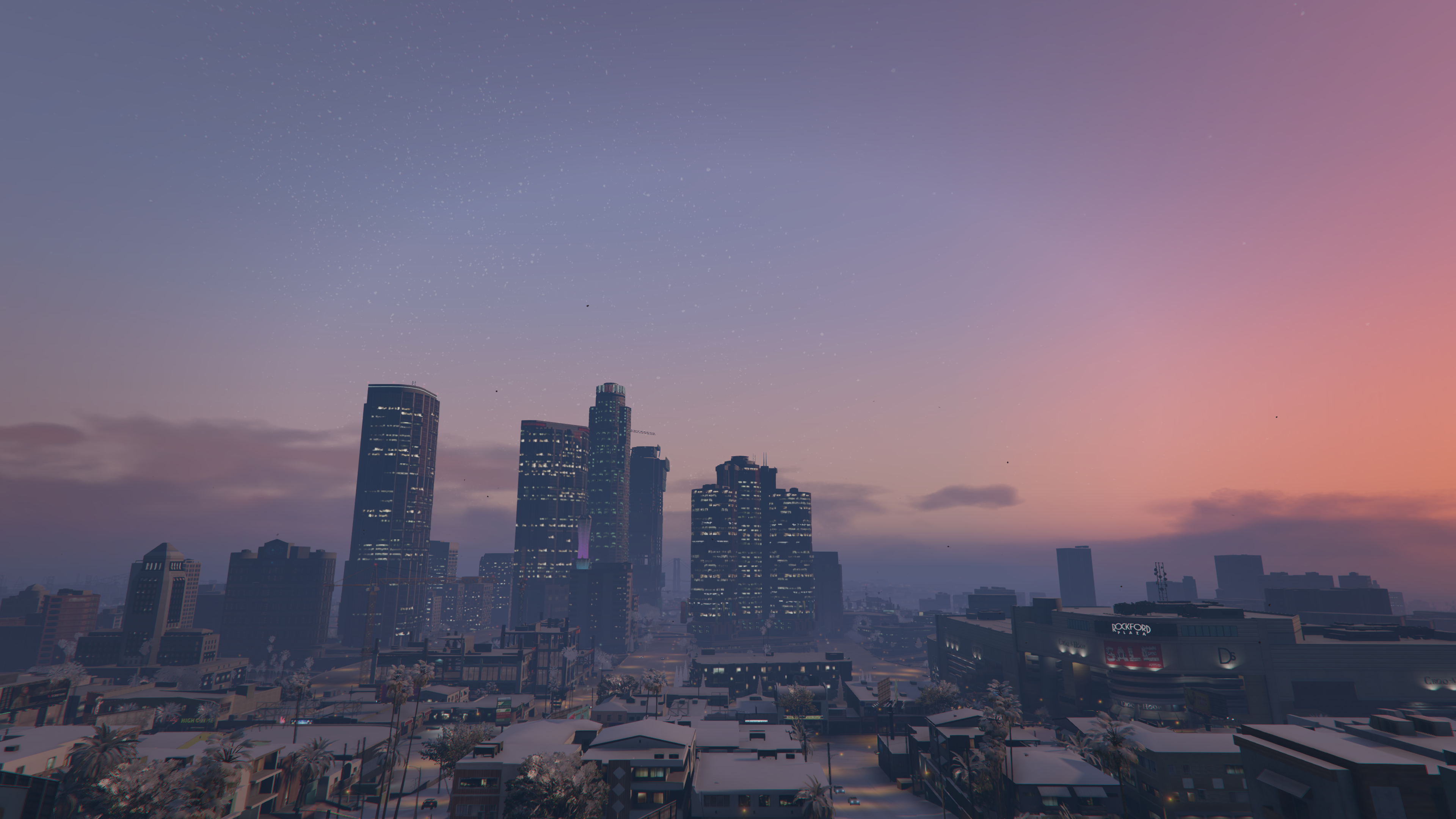 4K Los Santos cityscape at sunset with snow HD Wallpaper