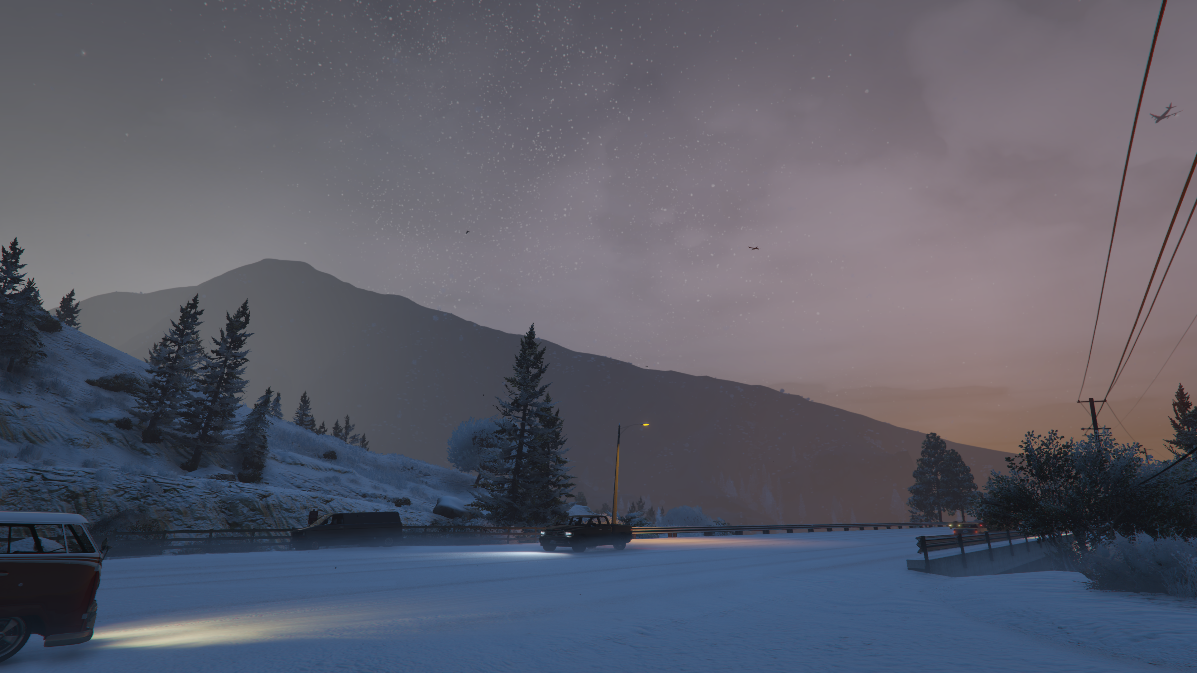 4K Grand Theft Auto V snow highway sunset HD Wallpaper
