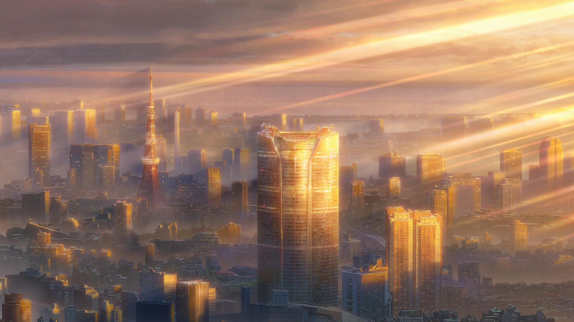 Anime city skyline with Tokyo Tower and sunbeams HD Wallpaper