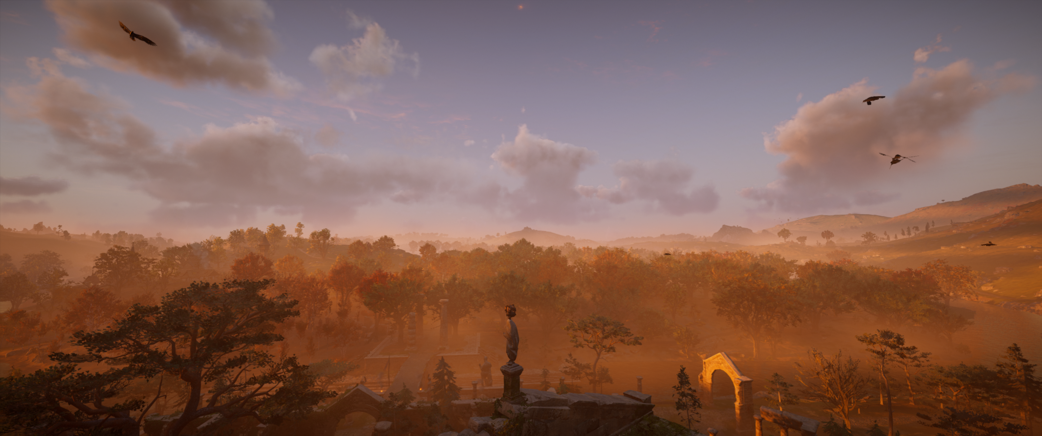 Assassin's Creed Valhalla landscape with birds at sunset HD Wallpaper