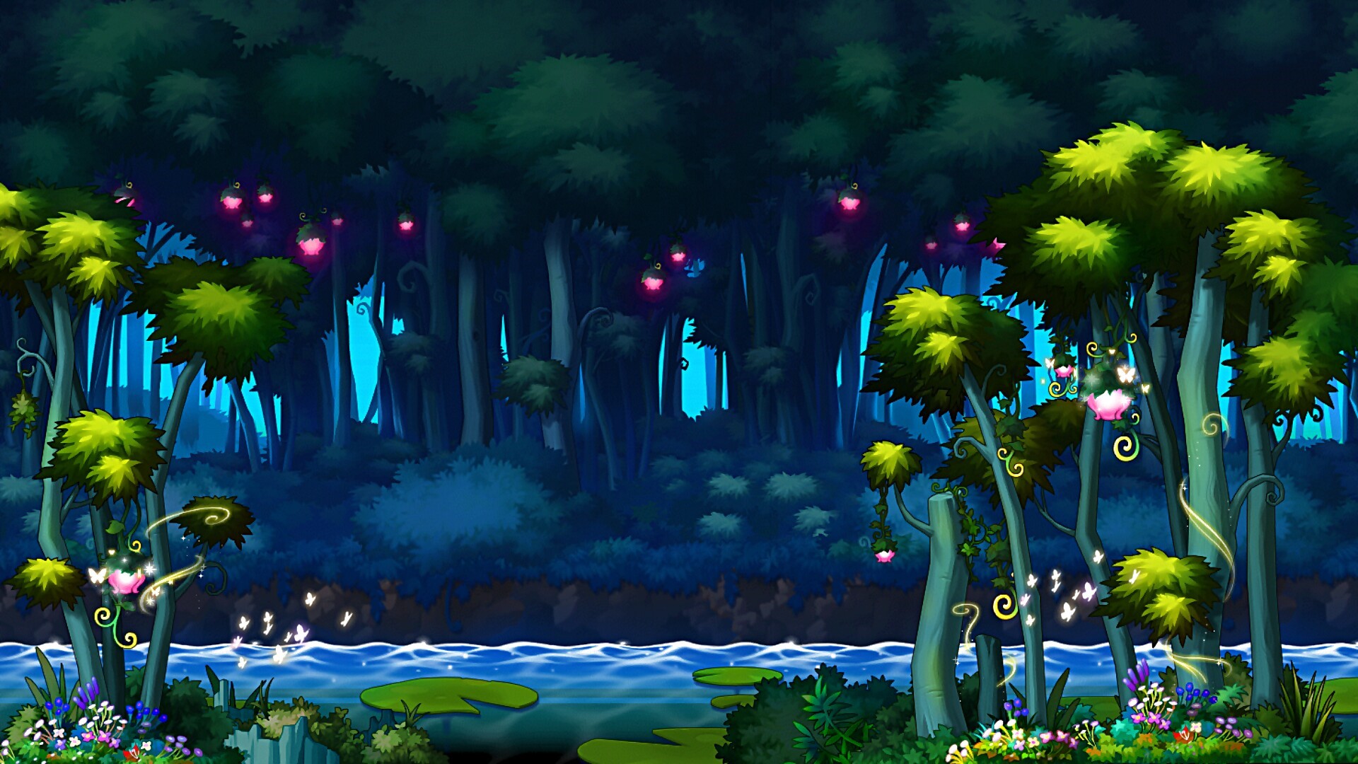 Enchanted forest with glowing lanterns and river in MapleStory HD Wallpaper