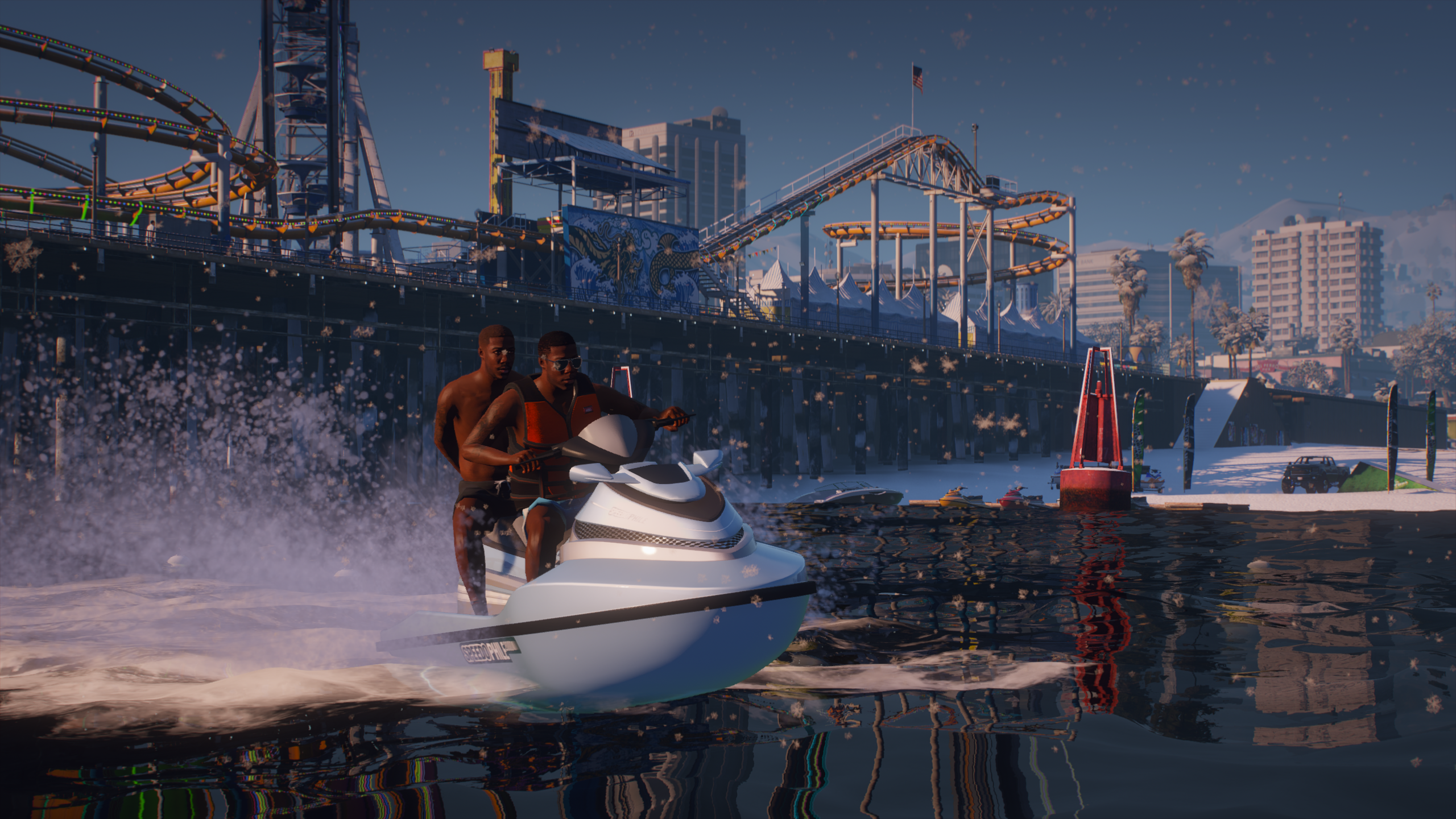 Two men on a jet ski in Los Santos, Grand Theft Auto V HD Wallpaper
