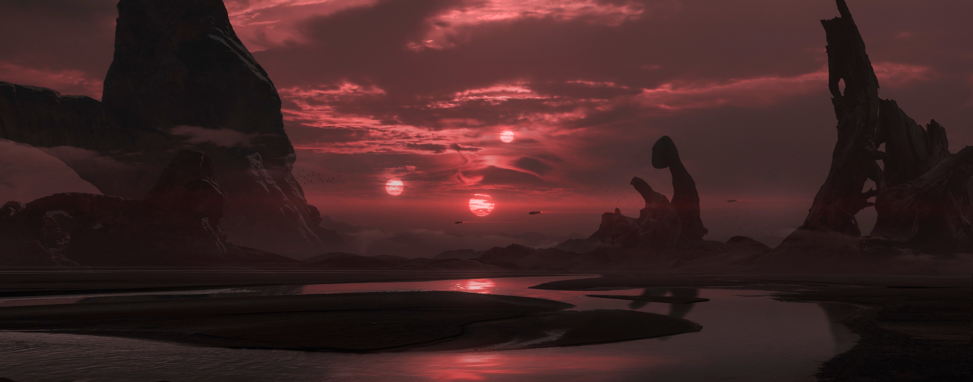 Tatooine landscape with multiple suns and rocky formations HD Wallpaper