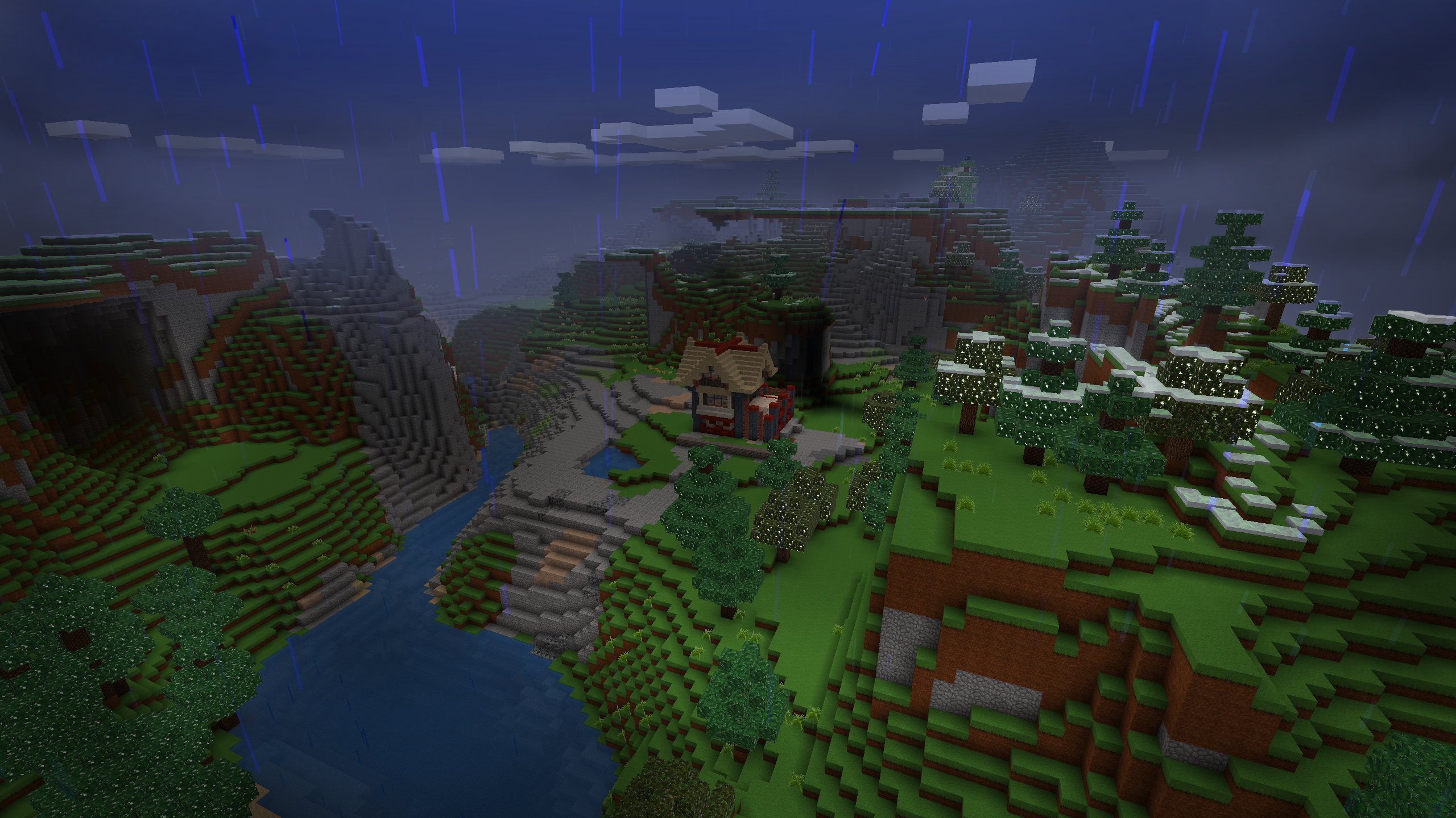 Minecraft landscape with house and snowy trees HD Wallpaper