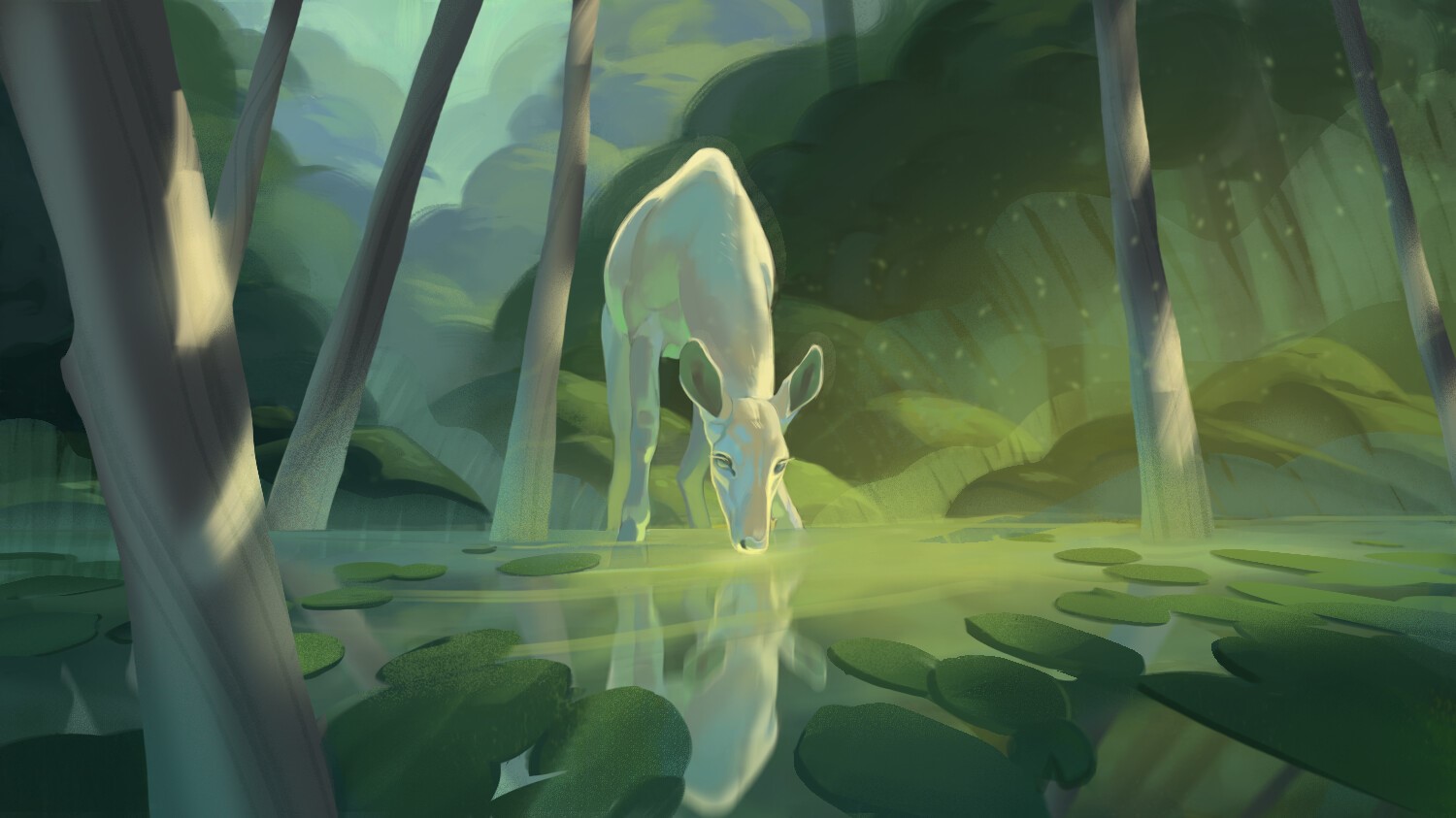 Deer drinking water in a forest lake, digital painting HD Wallpaper