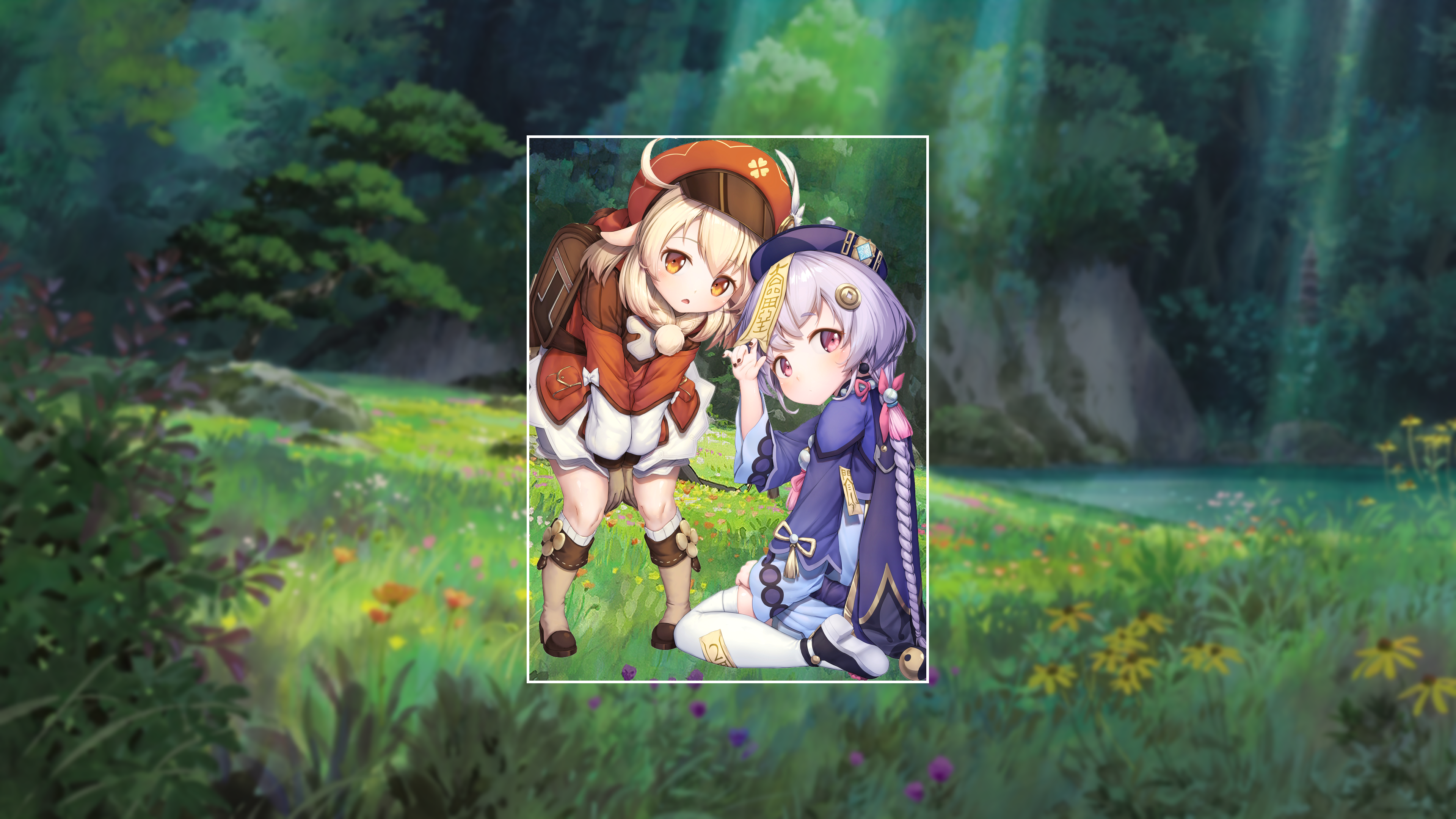 Klee and Qiqi from Genshin Impact in a forest HD Wallpaper