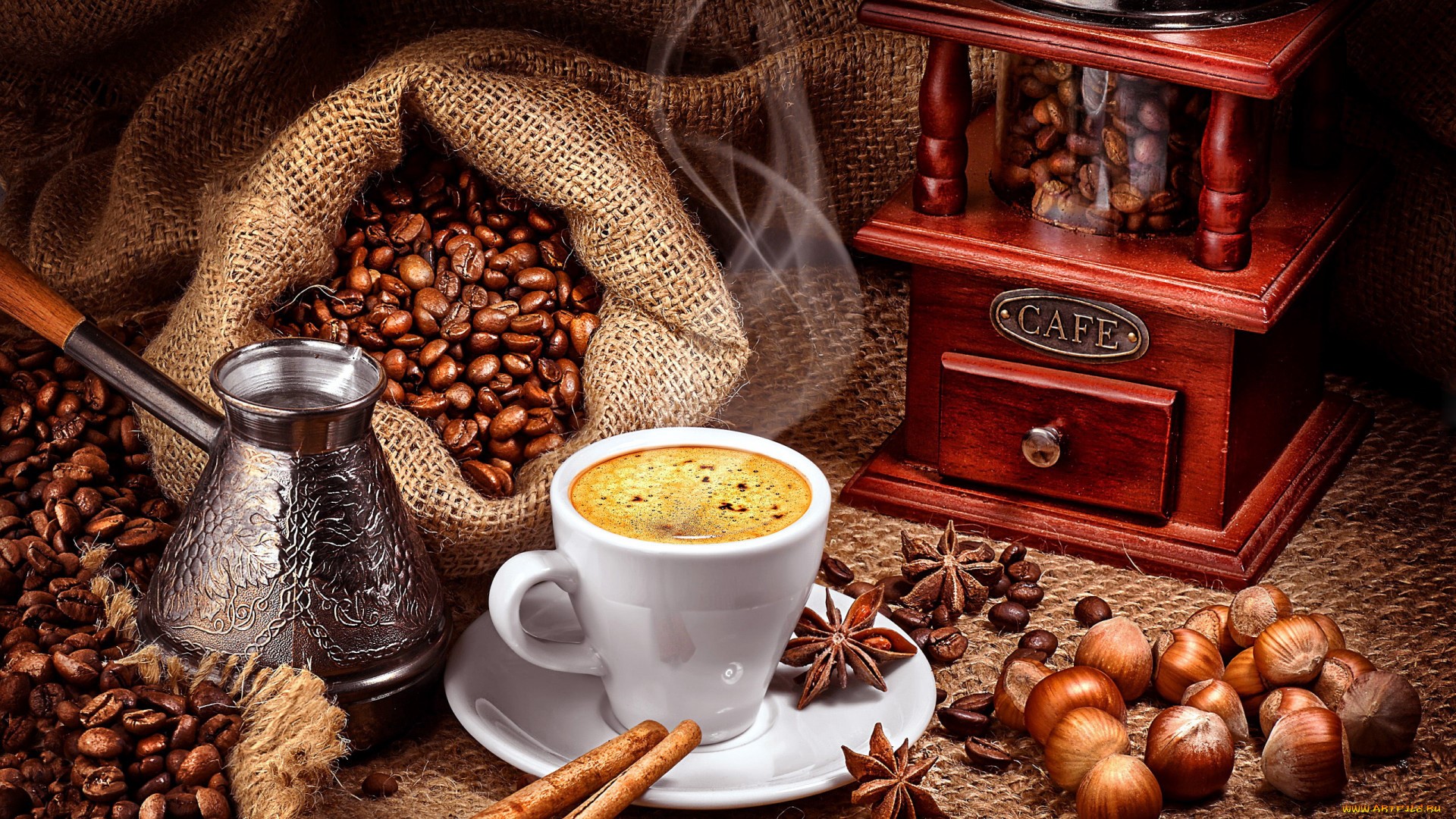 Coffee beans, cup, and grinder HD Wallpaper