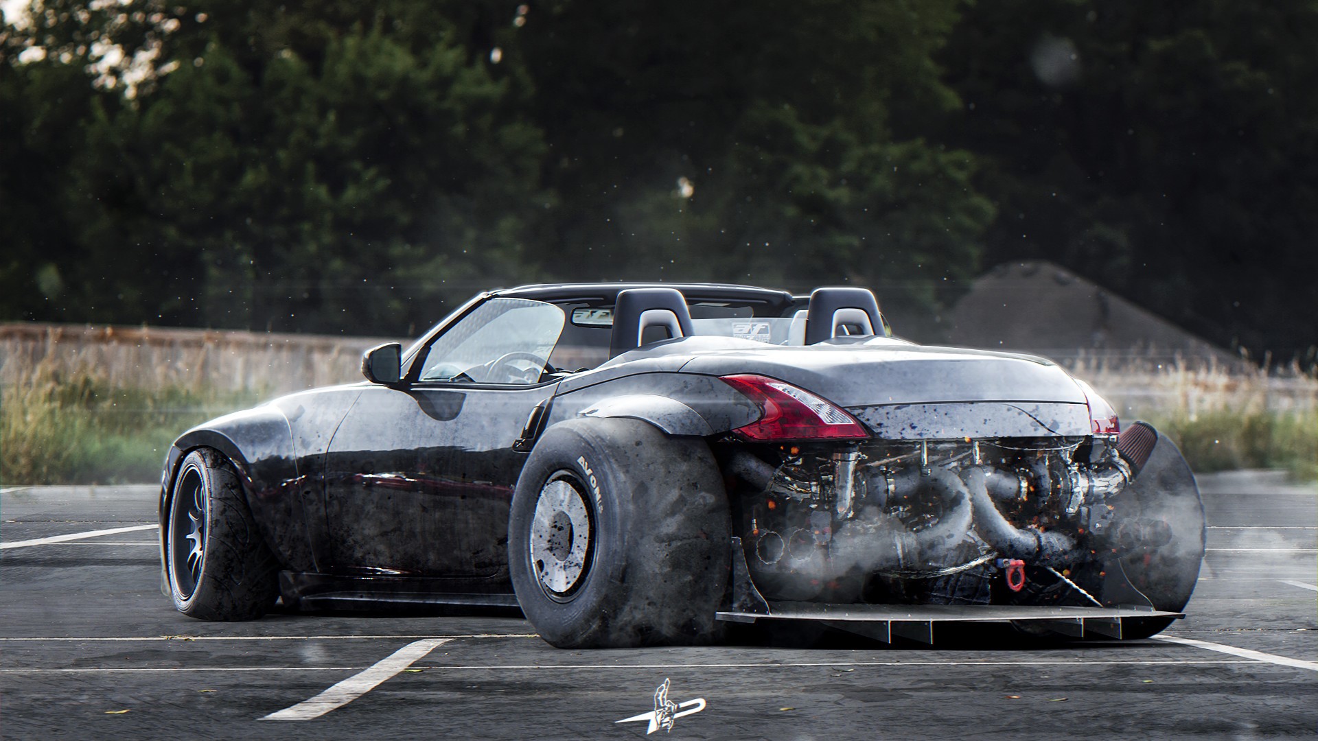 Nissan 370Z Roadster with exposed twin-turbo engine HD Wallpaper