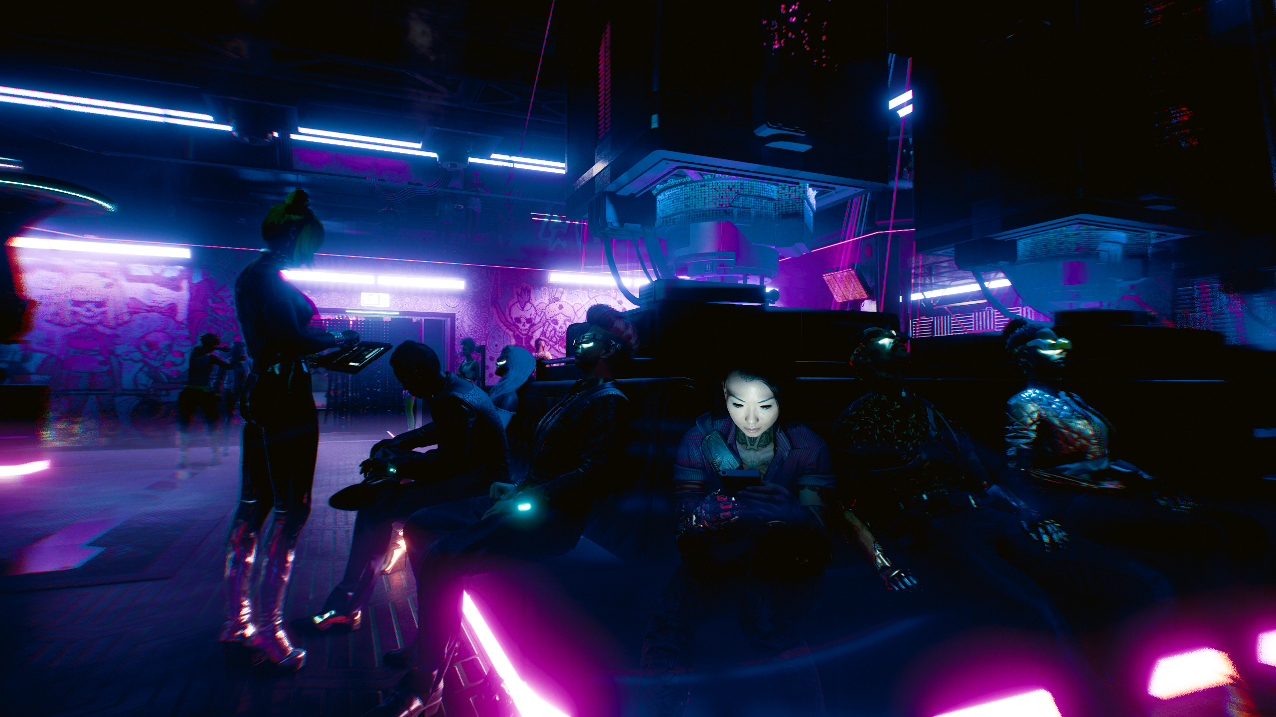 People in a futuristic club in Cyberpunk 2077 HD Wallpaper
