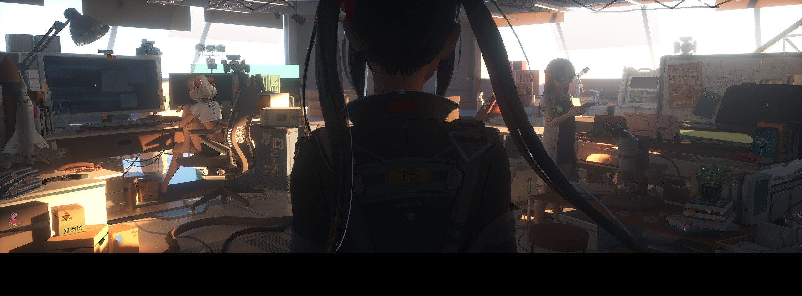 Anime girls in a cluttered control room HD Wallpaper