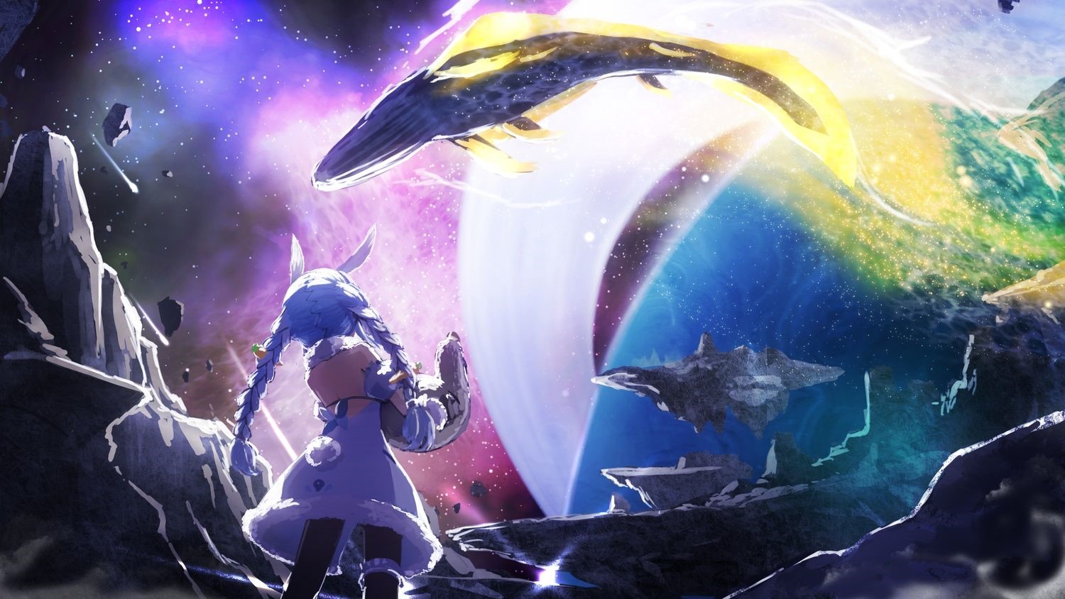 Usada Pekora from Hololive in a cosmic landscape HD Wallpaper