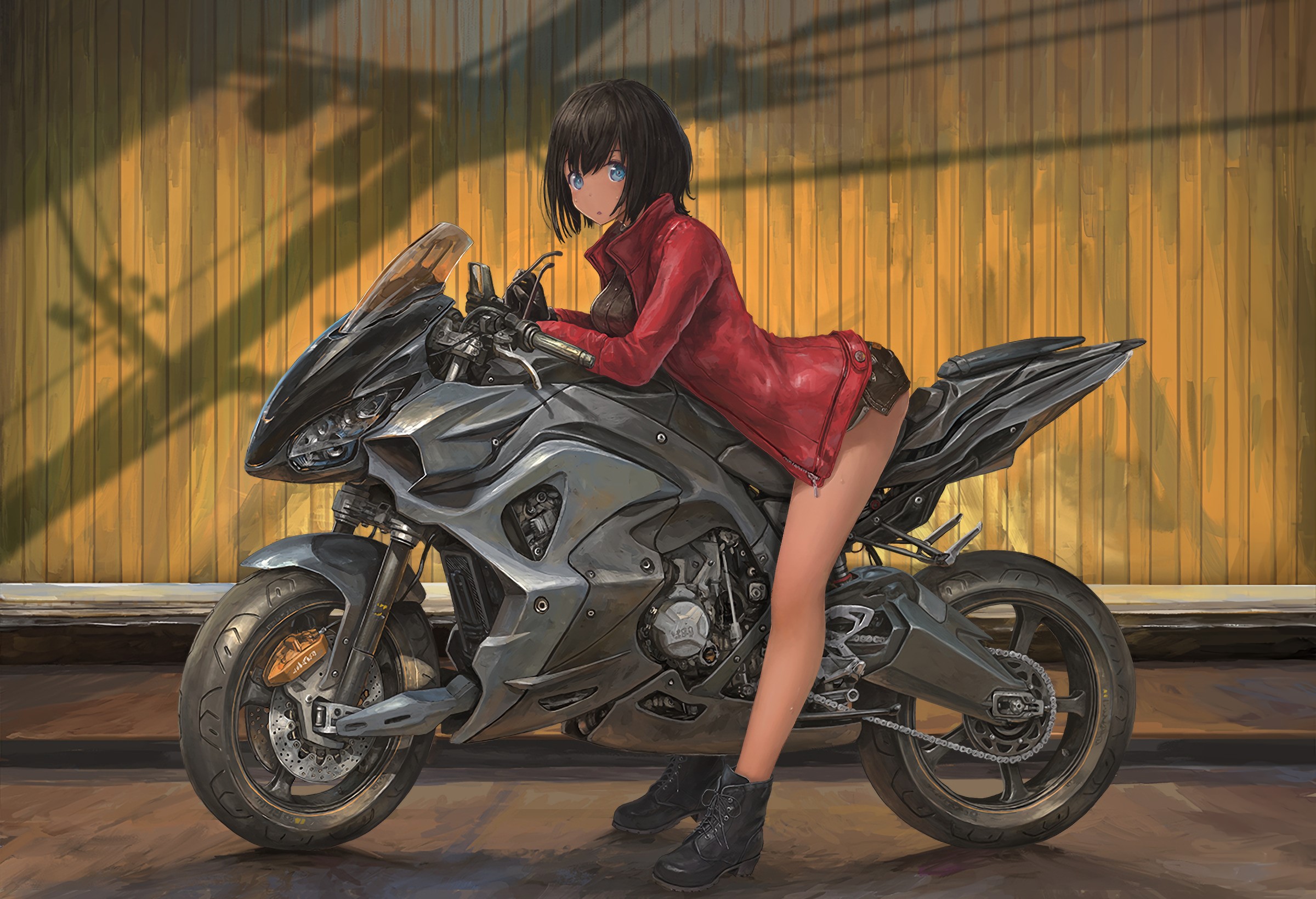 Anime girl with black hair and blue eyes on a motorcycle HD Wallpaper