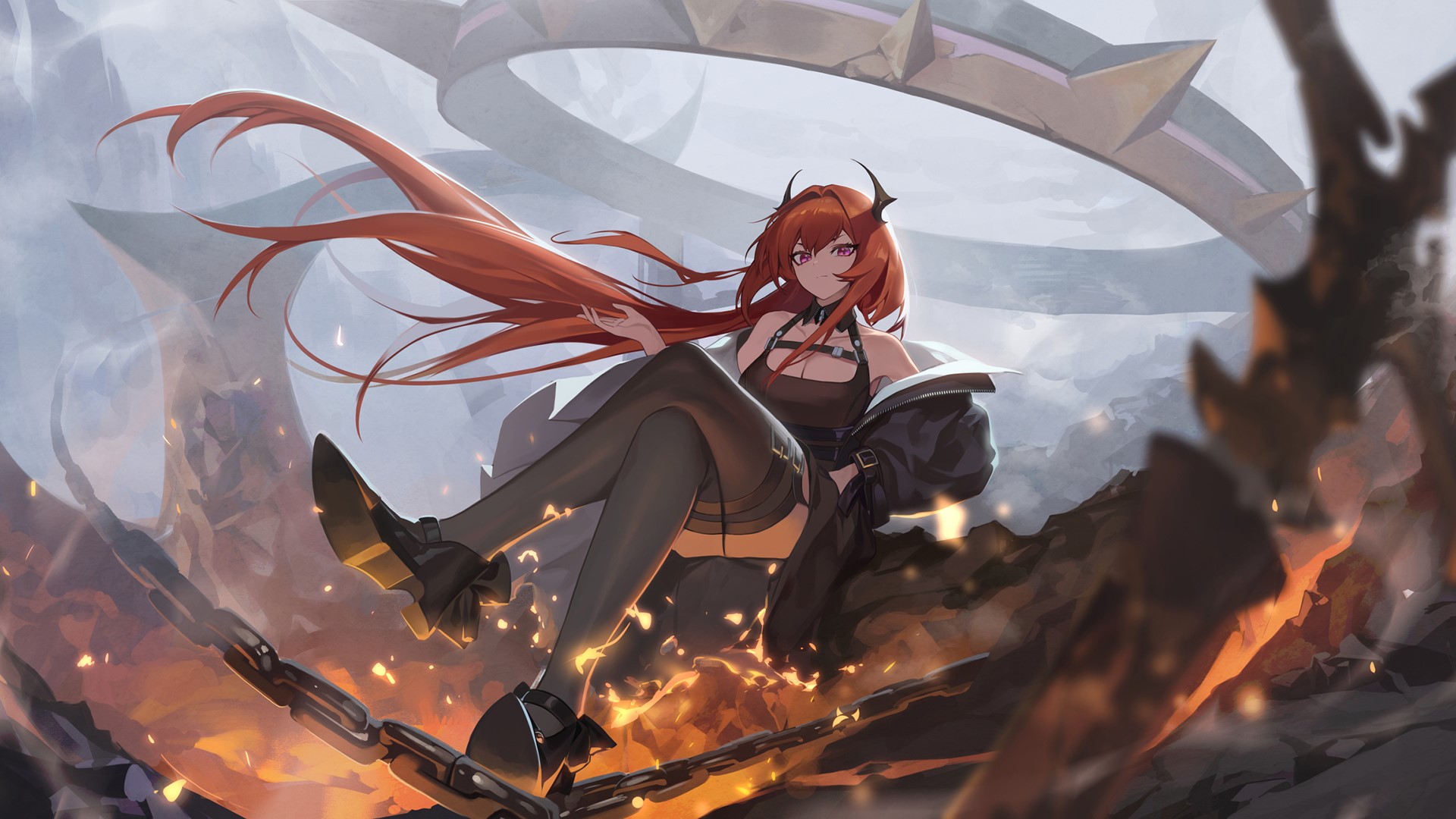 Surtr from Arknights with horns and long red hair HD Wallpaper