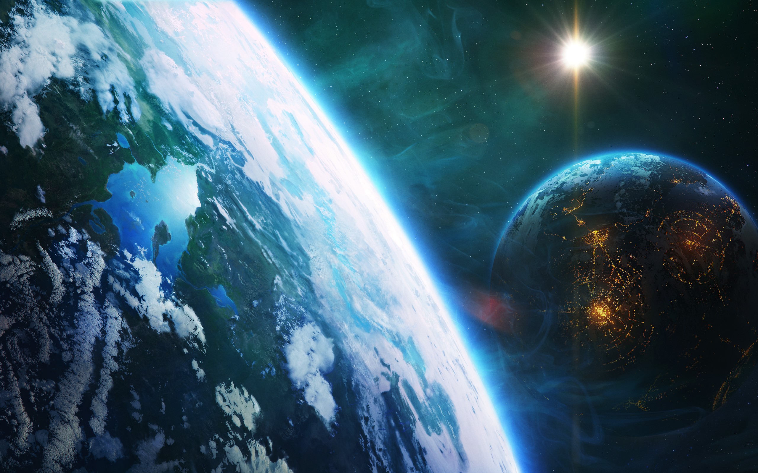 Two planets in space with a bright star HD Wallpaper