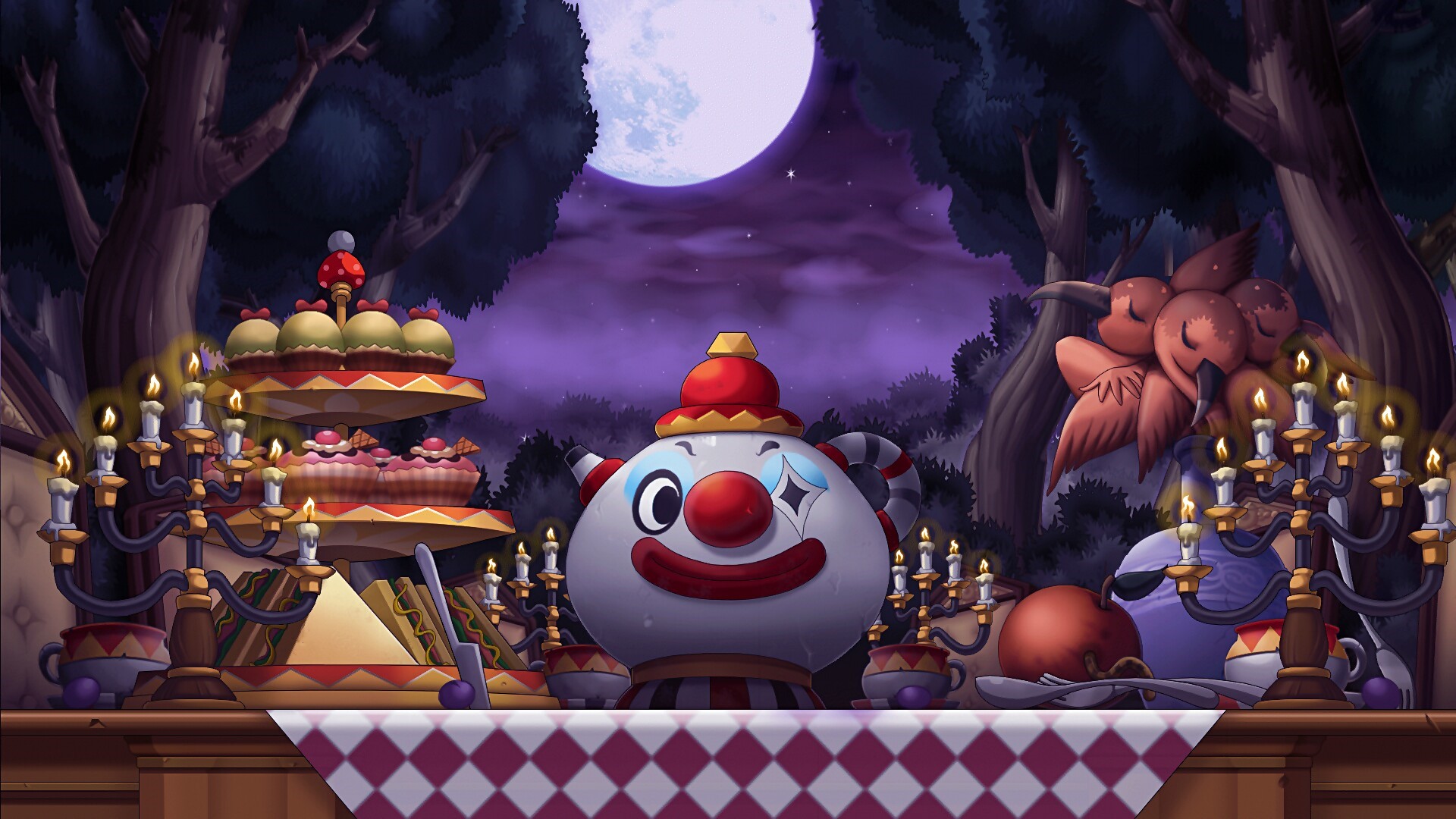 MapleStory clown teapot and desserts in a forest at night HD Wallpaper