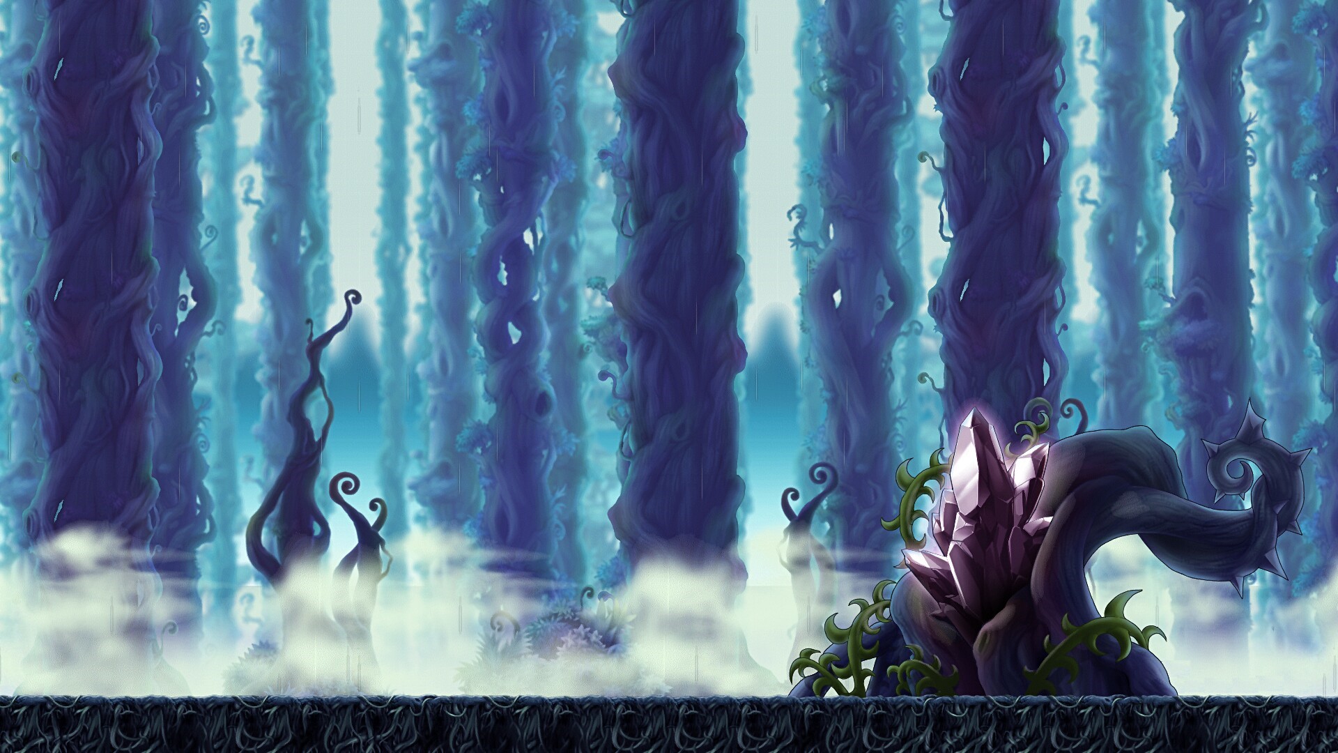 MapleStory forest with glowing crystals HD Wallpaper