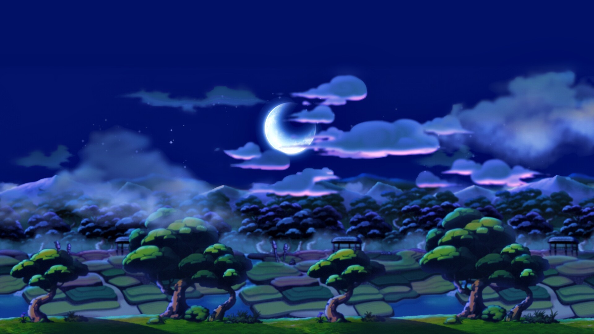 MapleStory landscape with moon and clouds at night HD Wallpaper