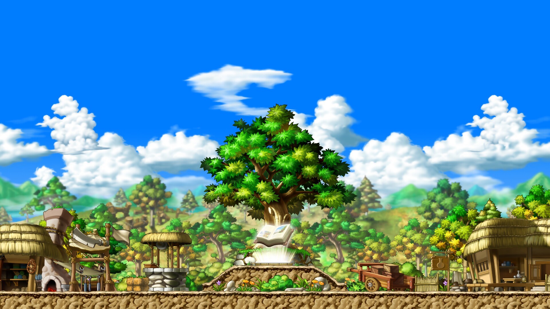 MapleStory video game art with a village and a large tree HD Wallpaper