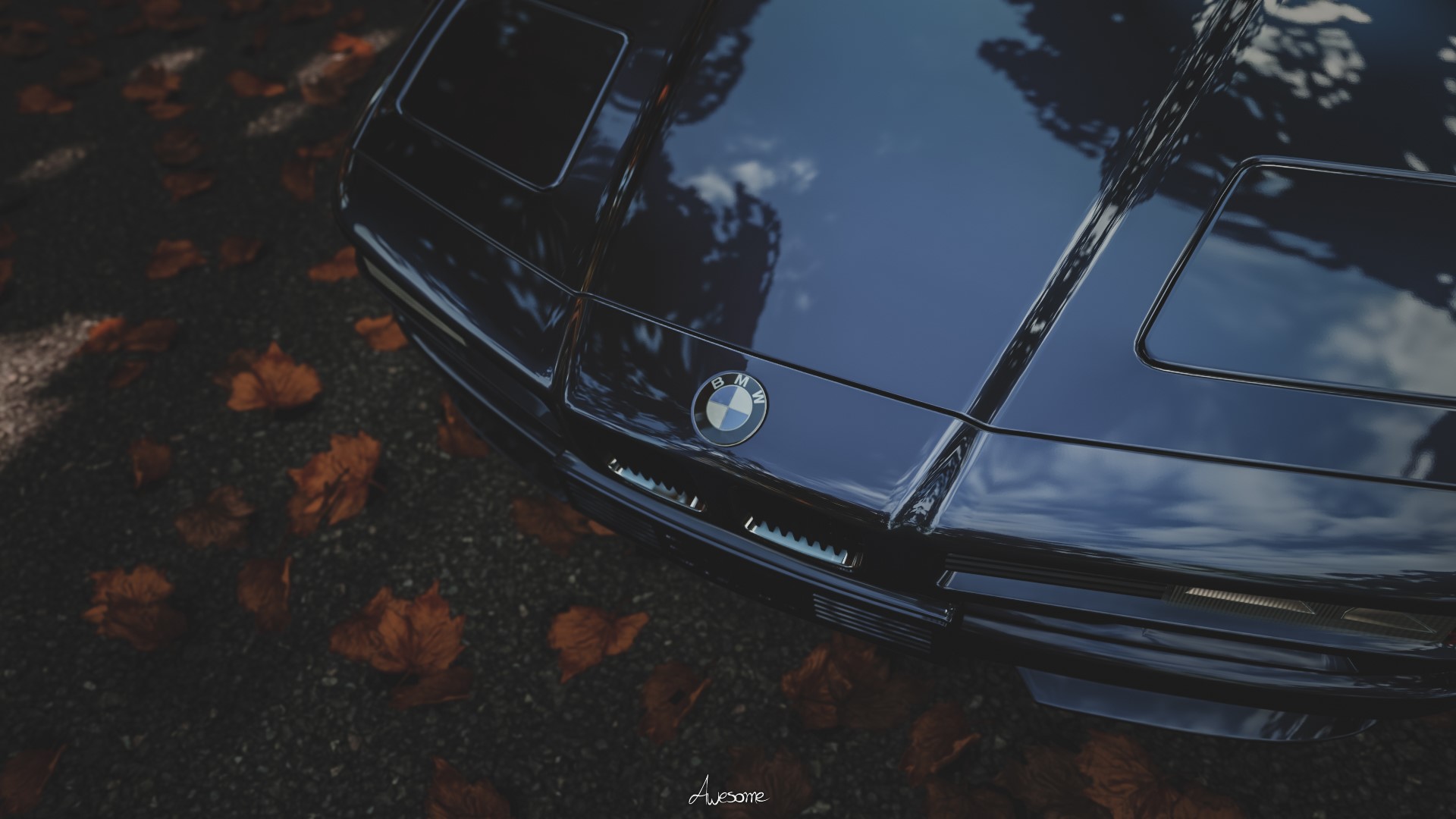 BMW E31 with pop-up headlights on fallen leaves HD Wallpaper