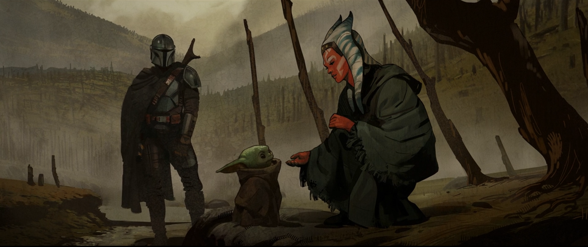 The Mandalorian, Grogu, and Ahsoka Tano in a forest HD Wallpaper