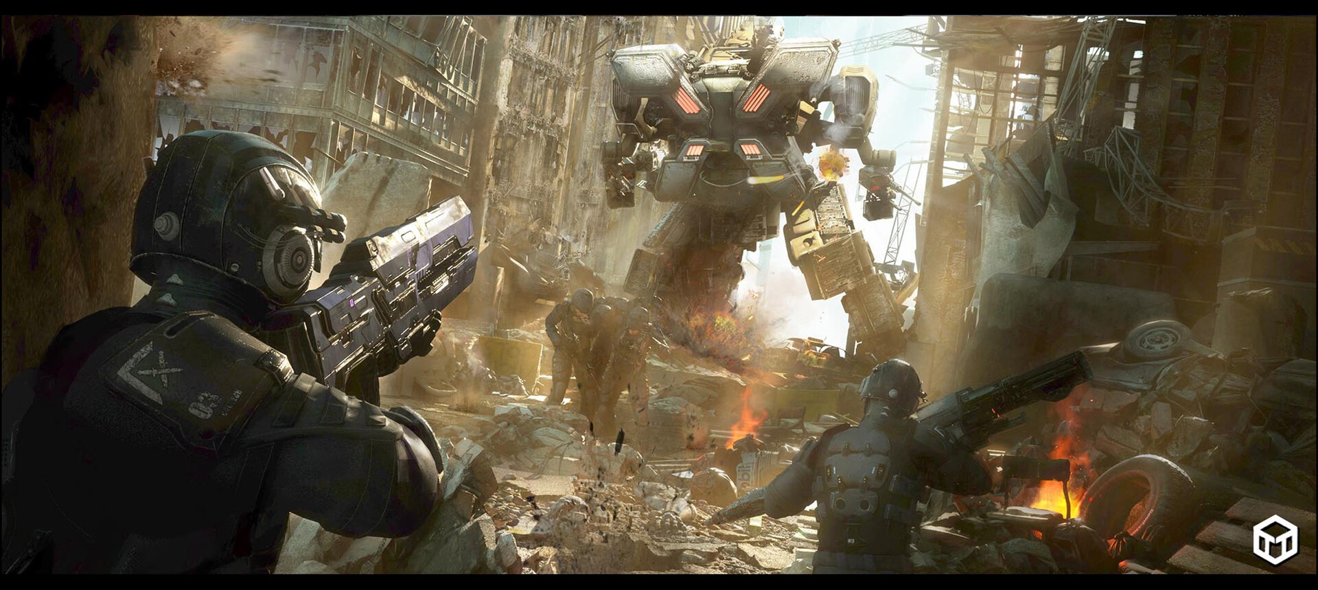Soldiers battle a giant mech in ruined city HD Wallpaper