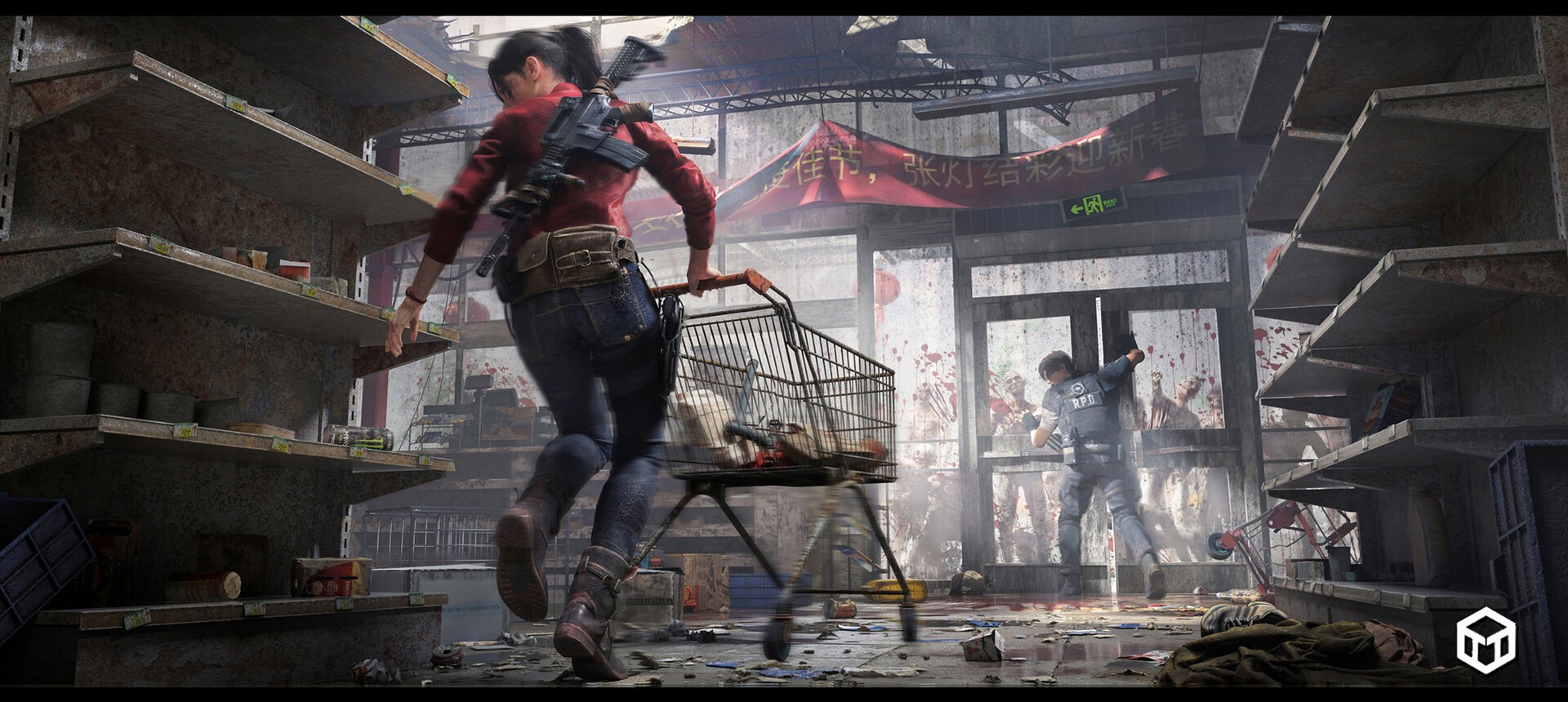 Claire Redfield and Leon Kennedy in a supermarket fighting zombies HD Wallpaper