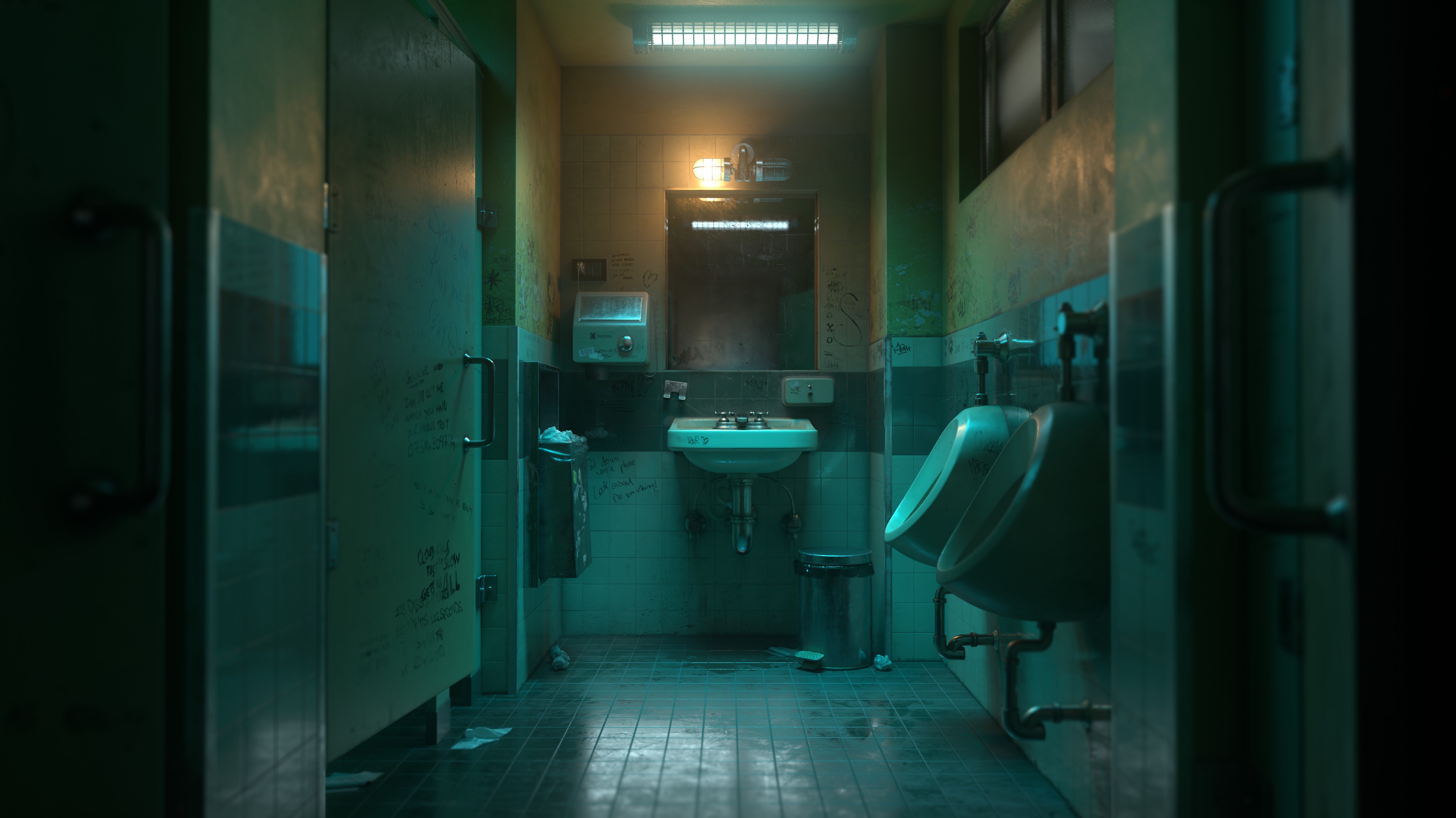 Grungy public bathroom with graffiti and urinals HD Wallpaper