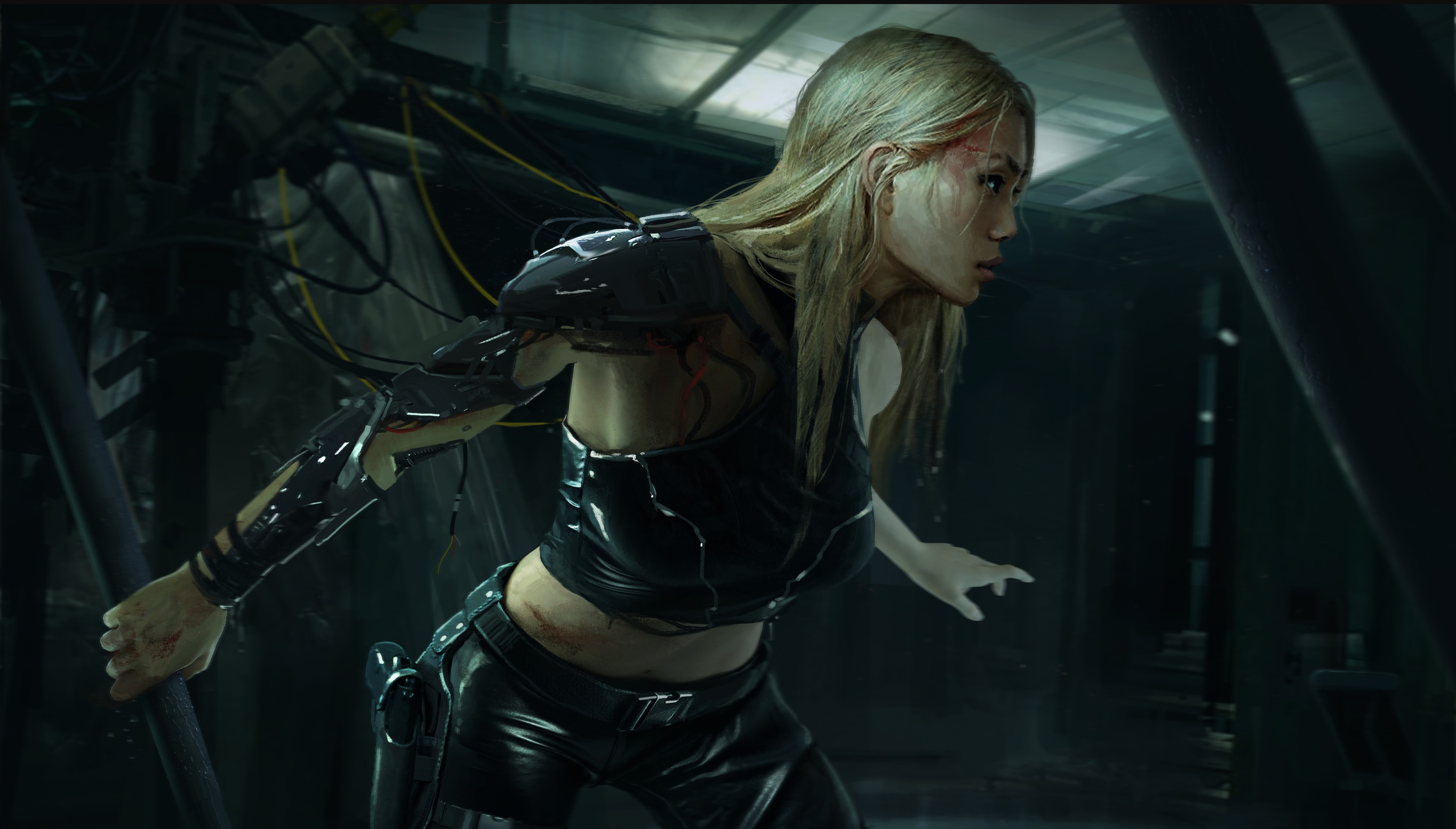 Cyberpunk woman with prosthetic arm HD Wallpaper