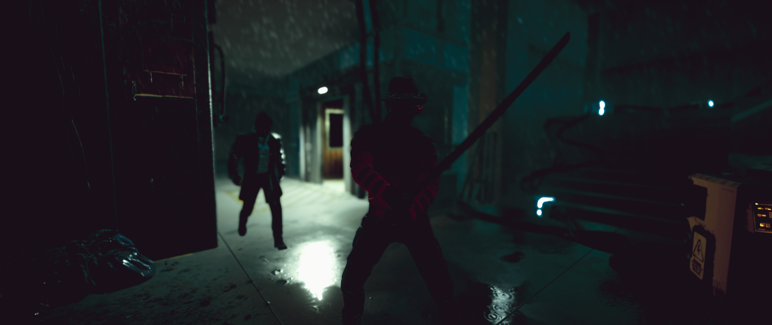 Cyberpunk 2077 screenshot featuring two characters in a dark alley HD Wallpaper