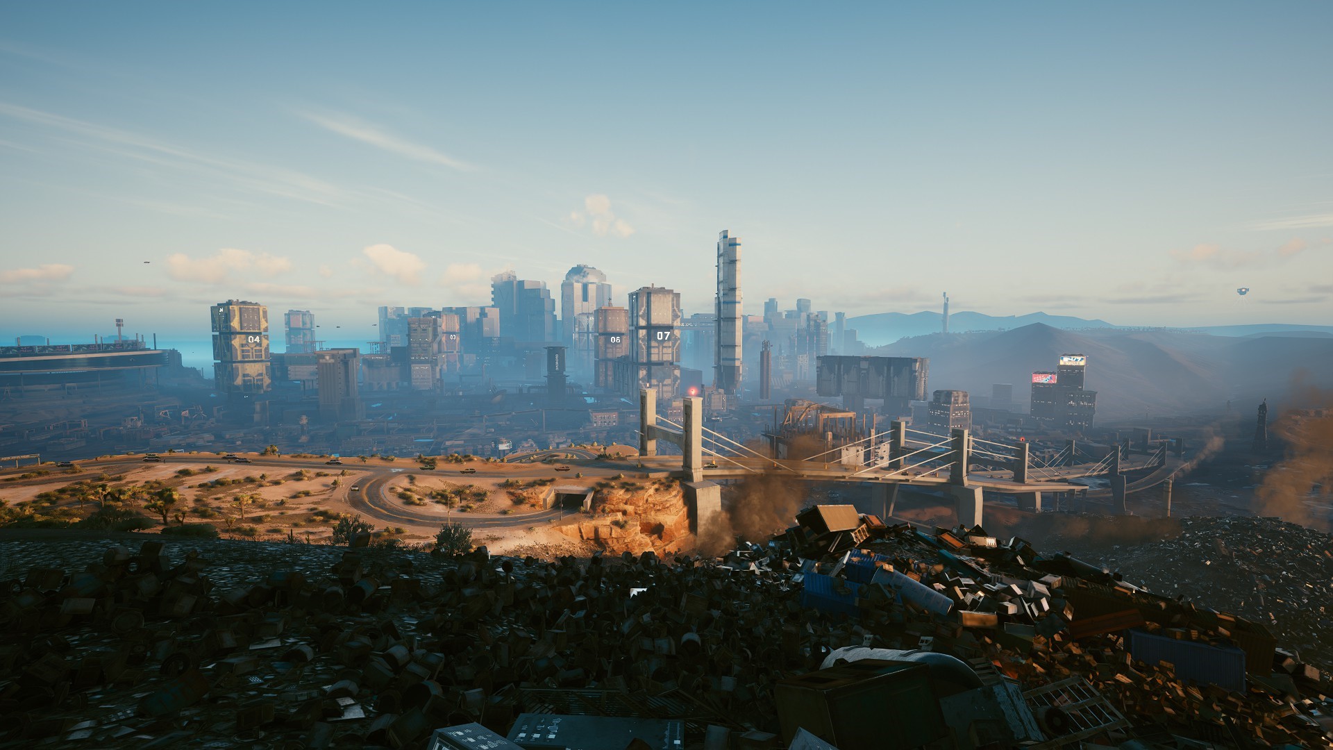 Cyberpunk 2077 cityscape with a landfill in the foreground HD Wallpaper