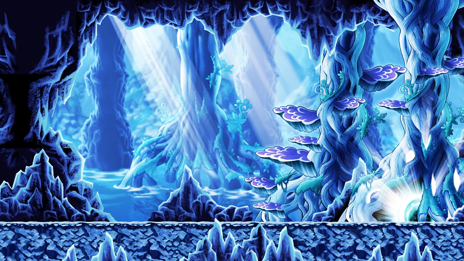 MapleStory ice cave with glowing trees and water HD Wallpaper