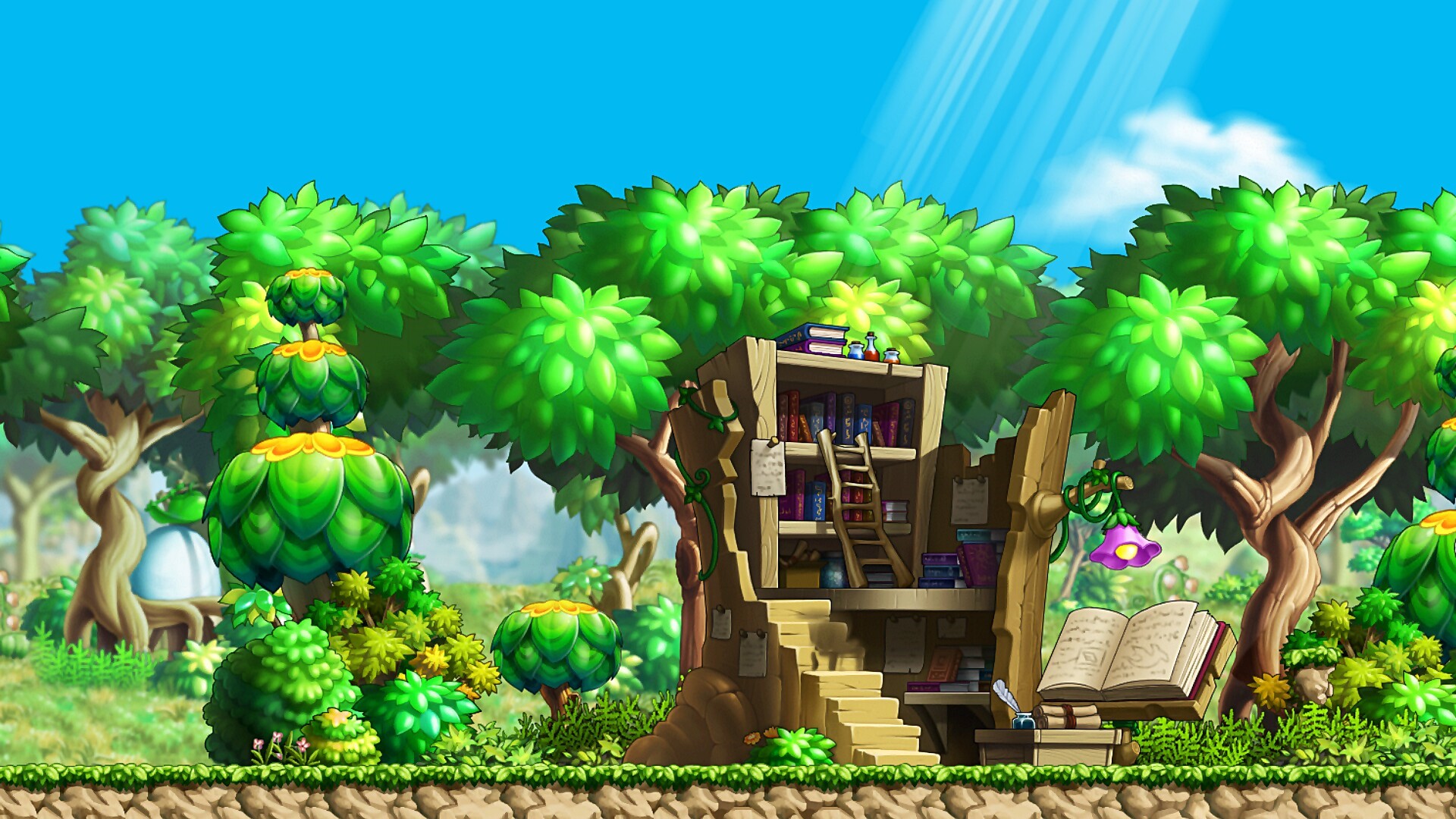 MapleStory forest with a treehouse library HD Wallpaper