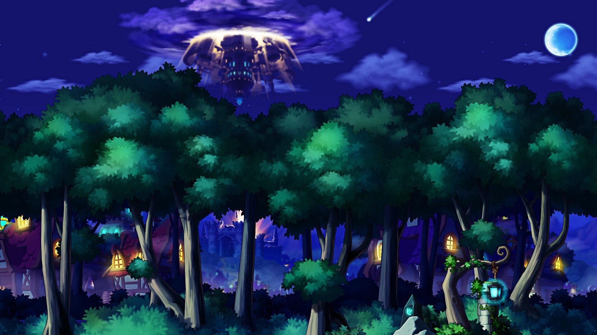 MapleStory forest at night with alien ship HD Wallpaper