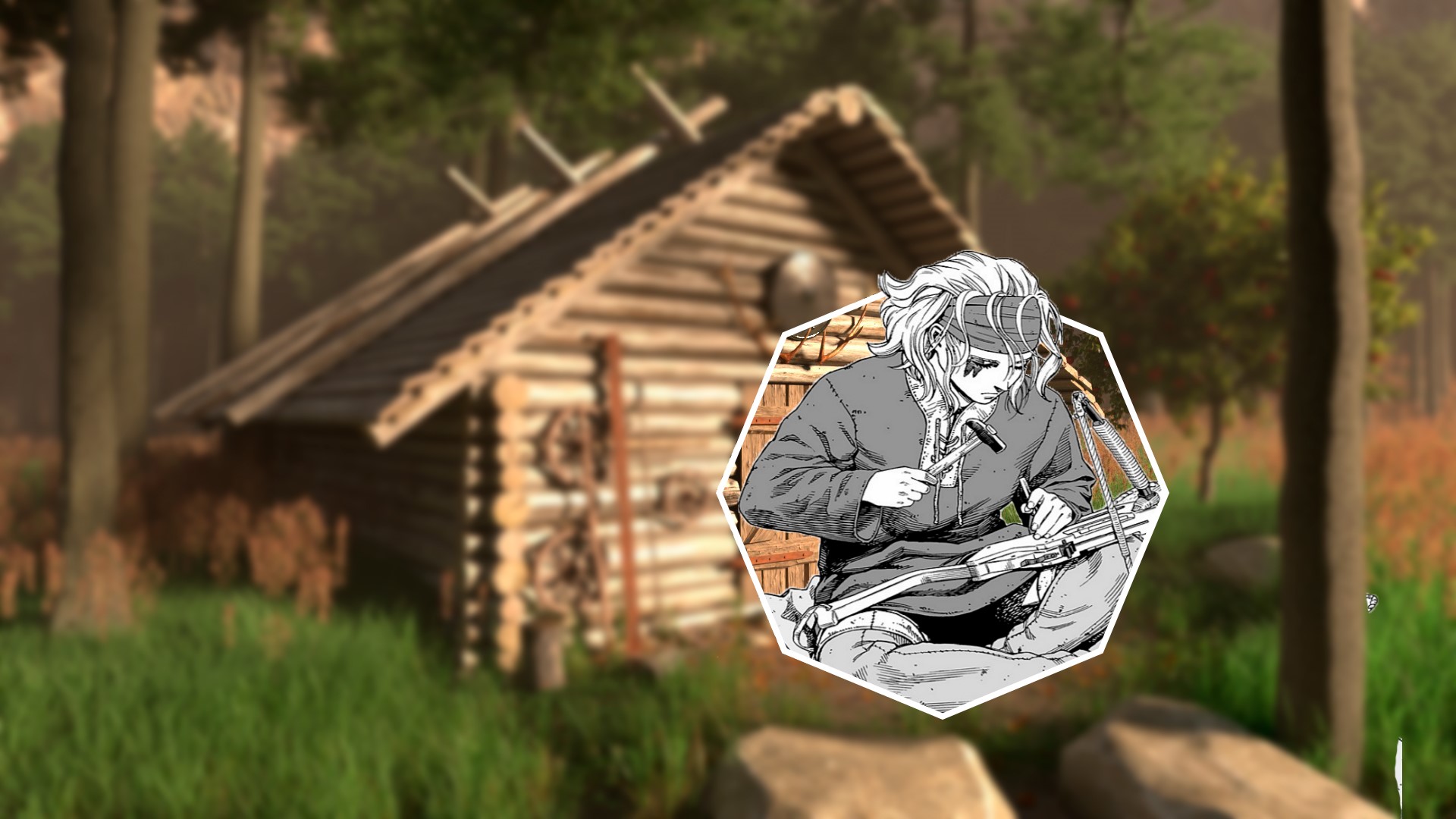 Anime character working on a crossbow near a log cabin HD Wallpaper