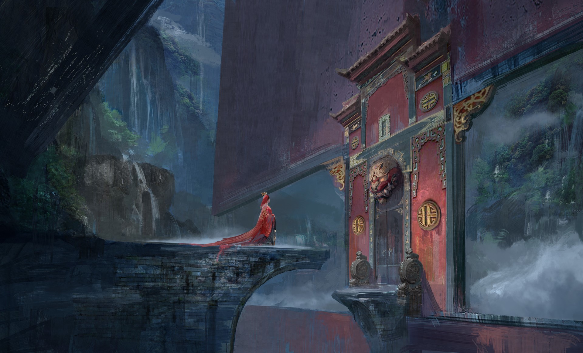 Fantasy art of a person in red robes at a temple HD Wallpaper