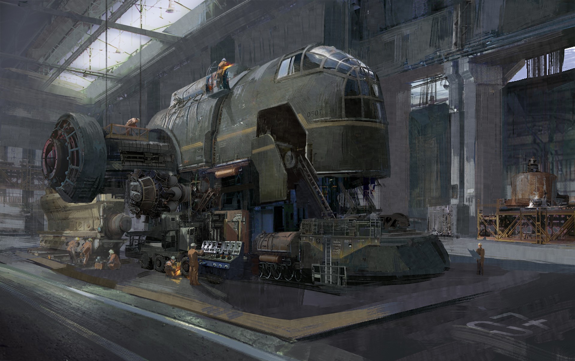 Futuristic aircraft being repaired in a hangar HD Wallpaper
