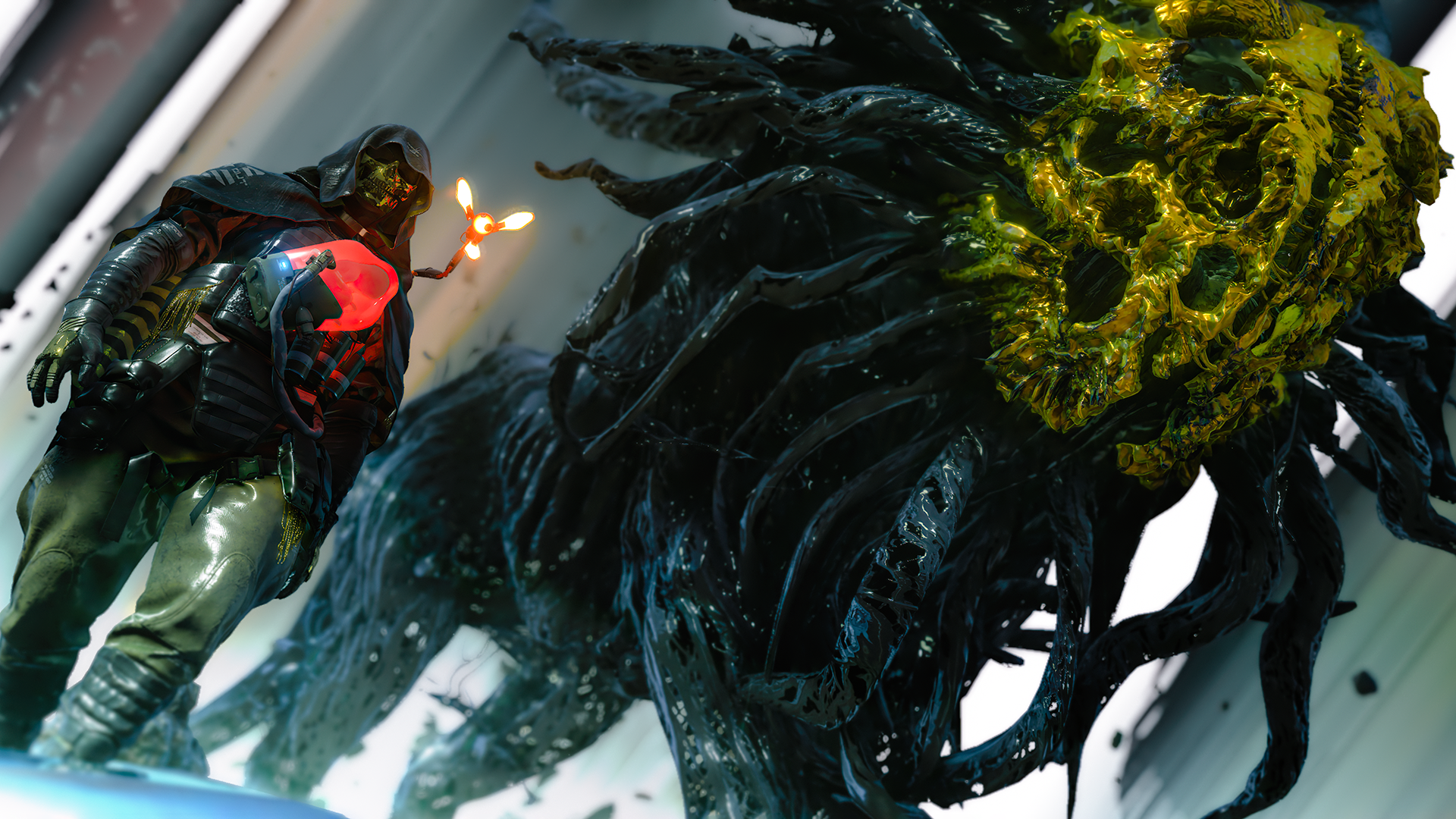 Higgs Monaghan from Death Stranding confronts a creature HD Wallpaper