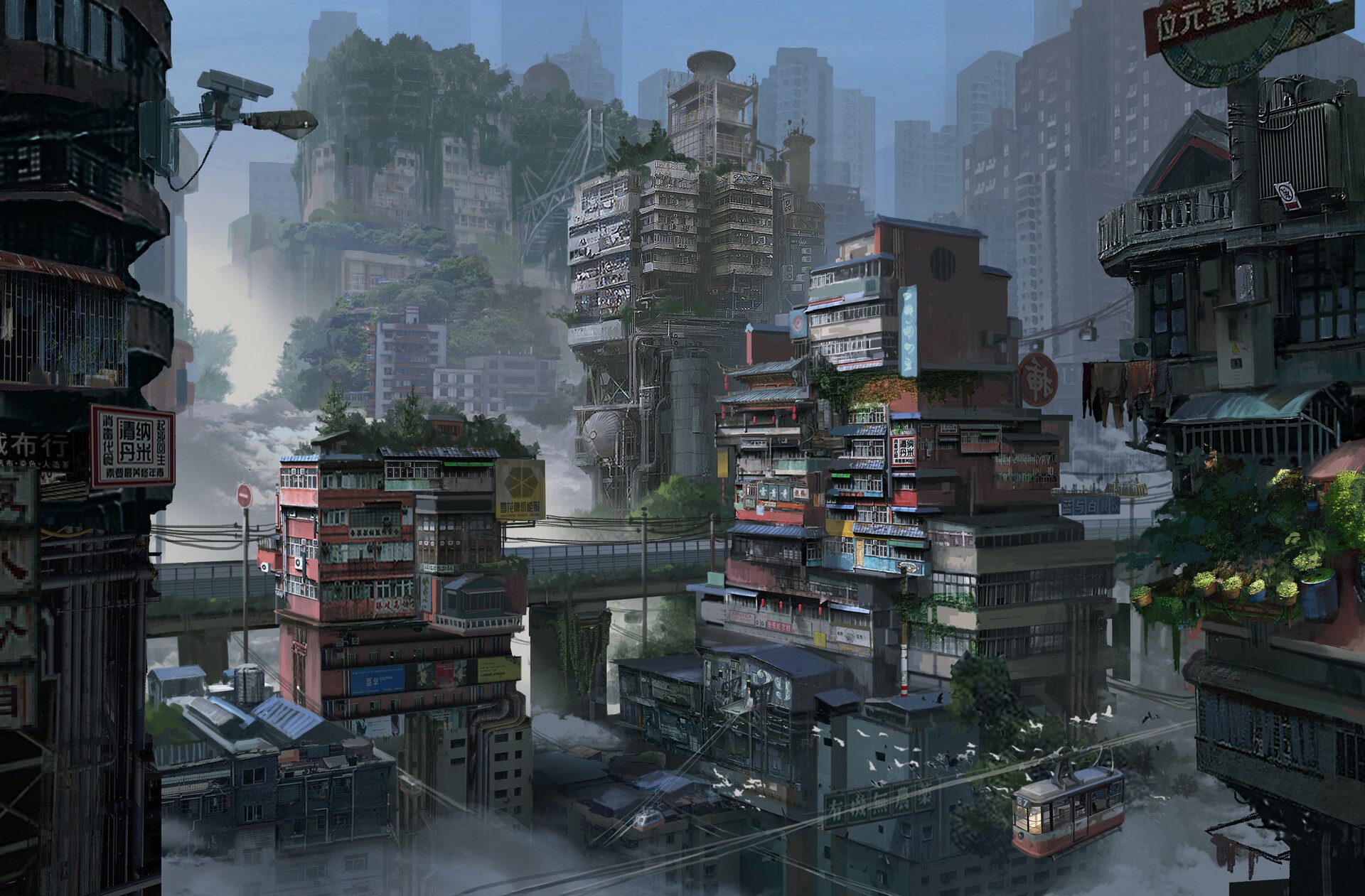 Futuristic cyberpunk cityscape with dense buildings and fog HD Wallpaper