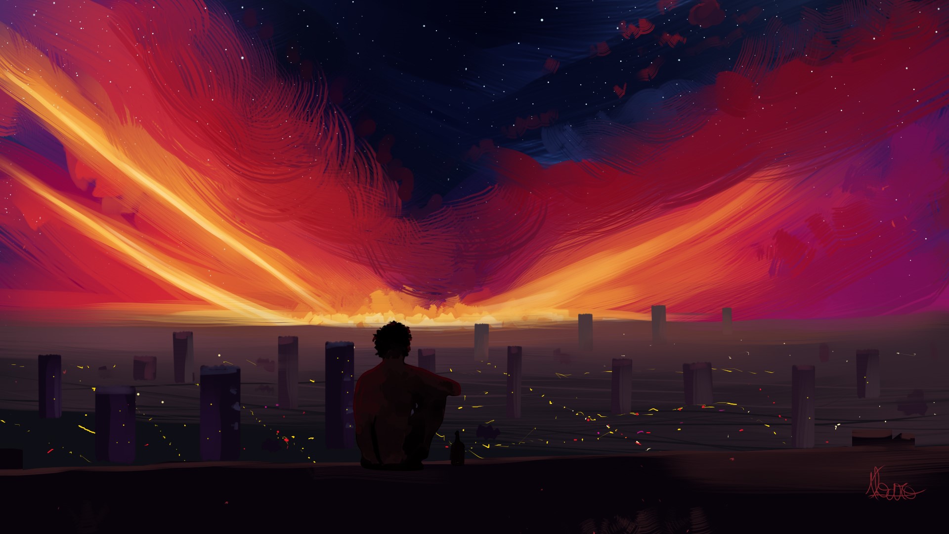 Man watching a vibrant sunset over a cityscape HD Wallpaper