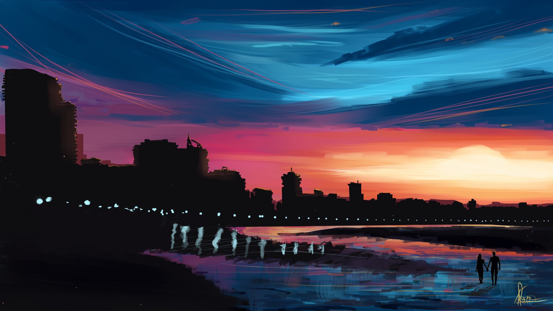 Couple walking on beach at sunset cityscape HD Wallpaper