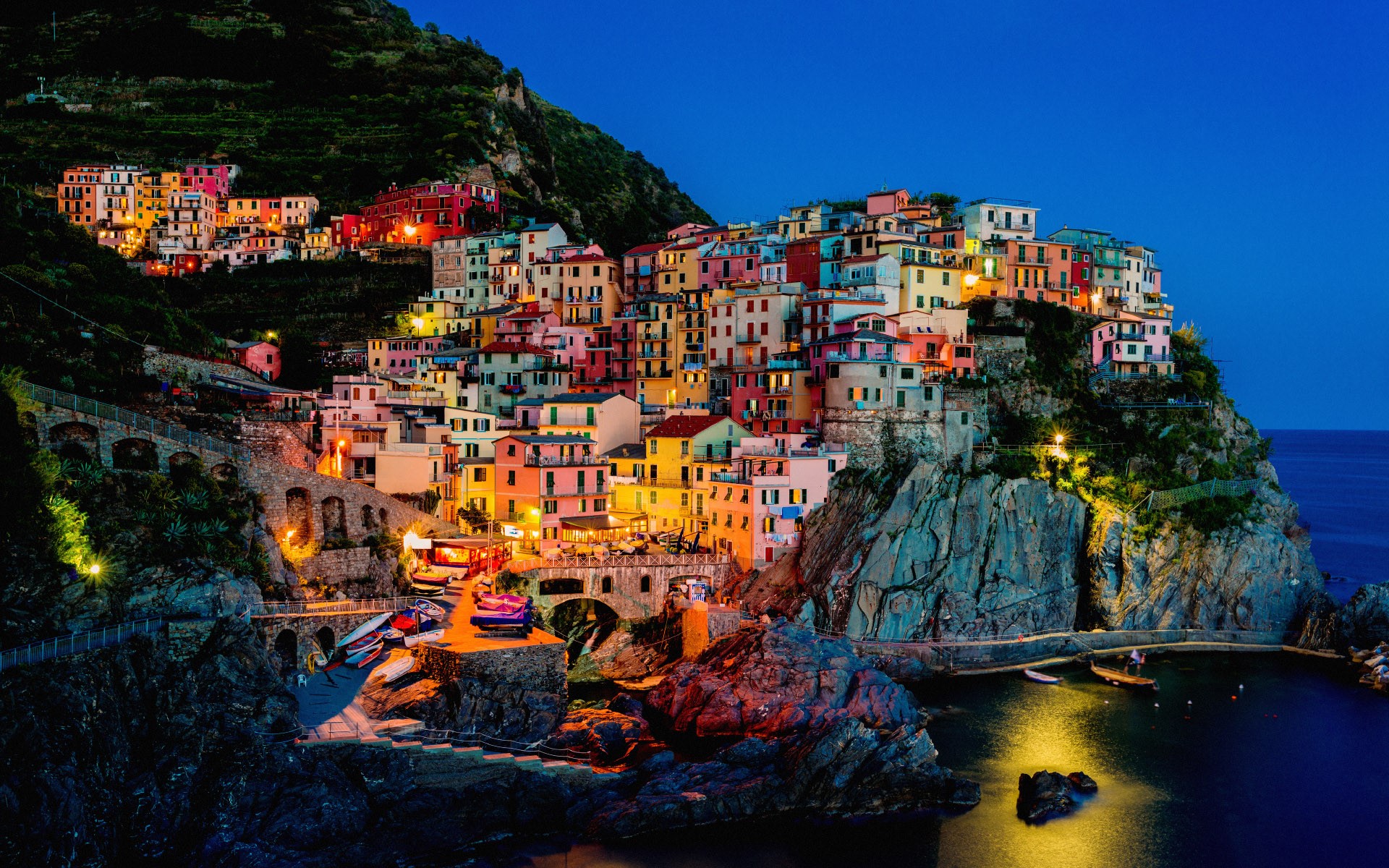 Colorful village on a cliff at night, Cinque Terre, Italy HD Wallpaper