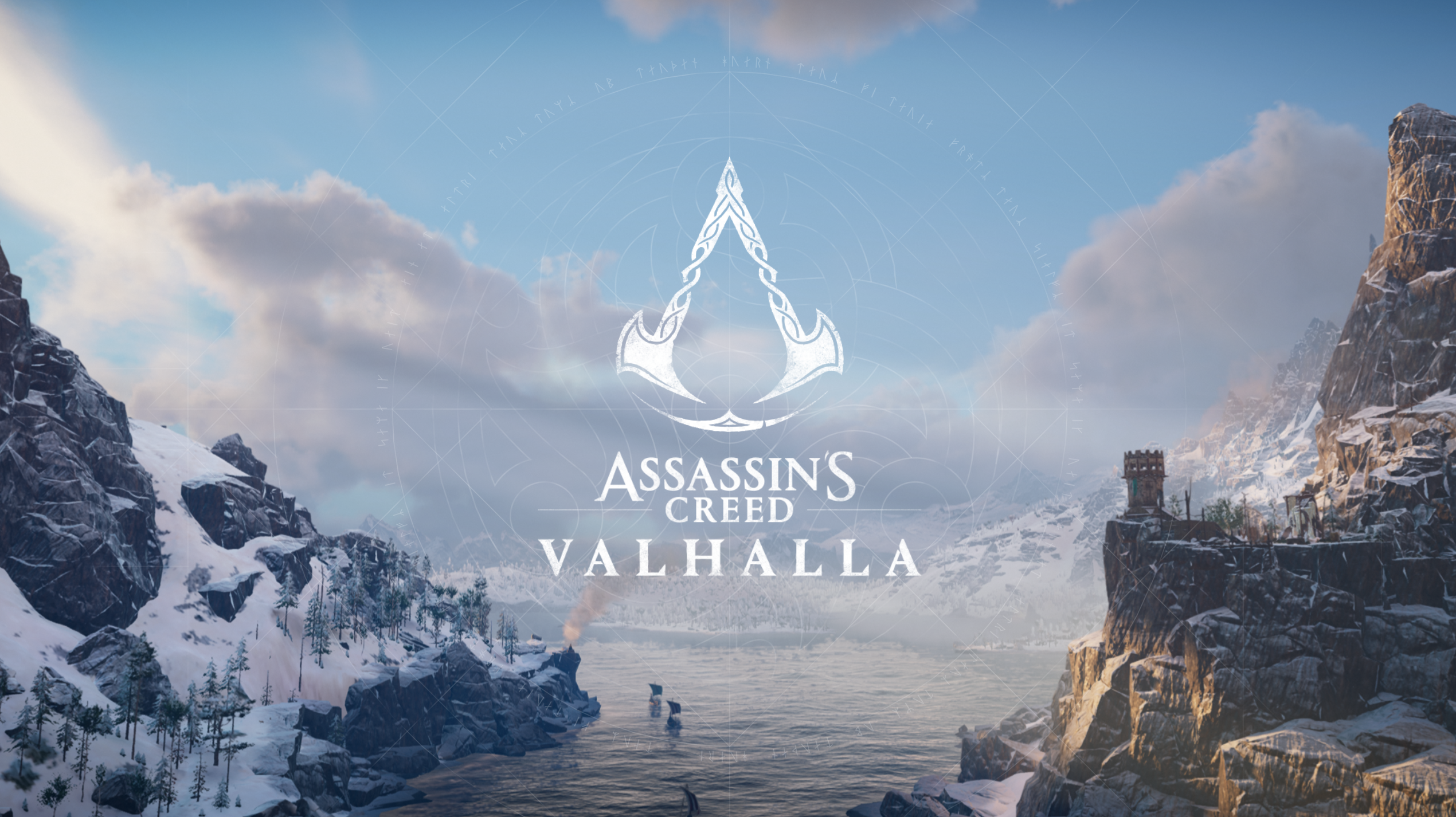 Assassin's Creed Valhalla logo over a snowy landscape HD Wallpaper