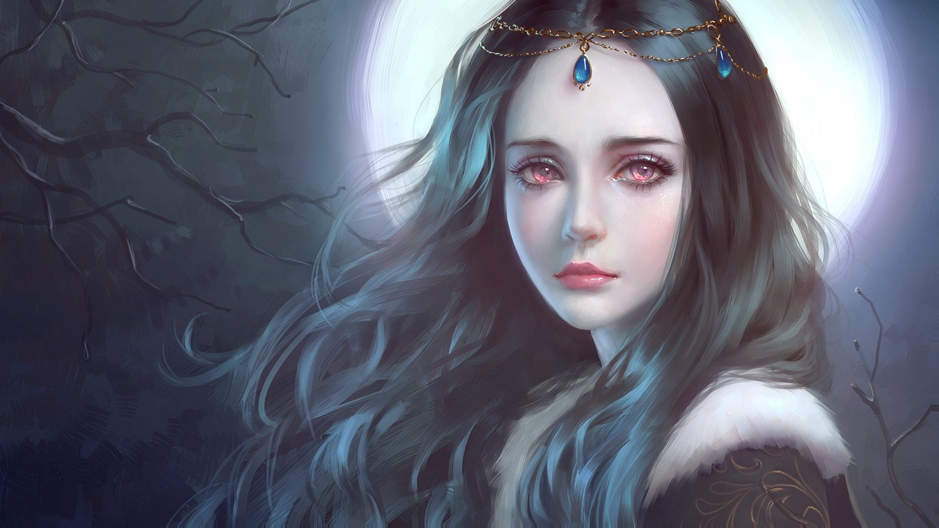 Fantasy girl with red eyes under the moon HD Wallpaper