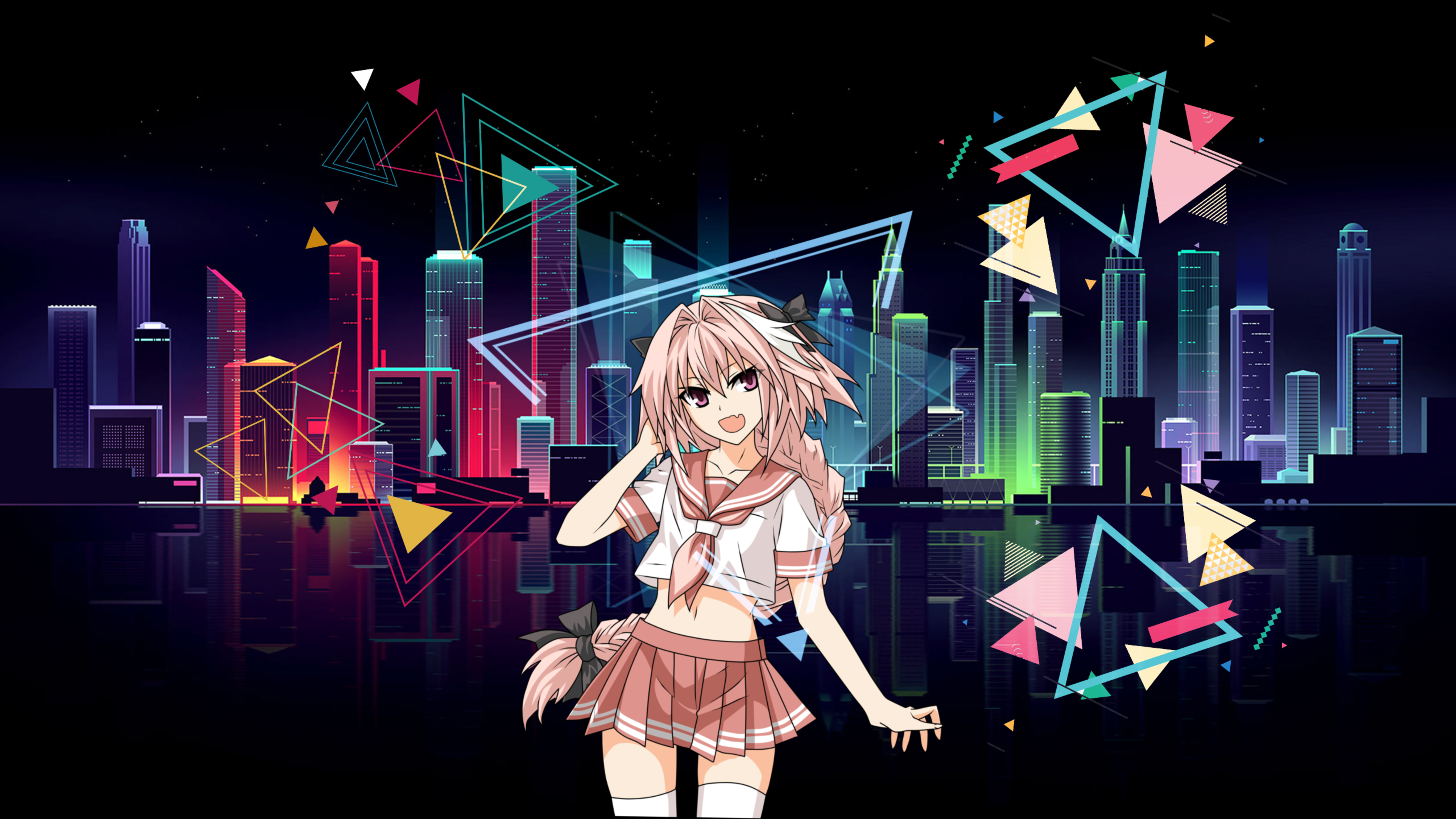 Anime character in a neon city HD Wallpaper